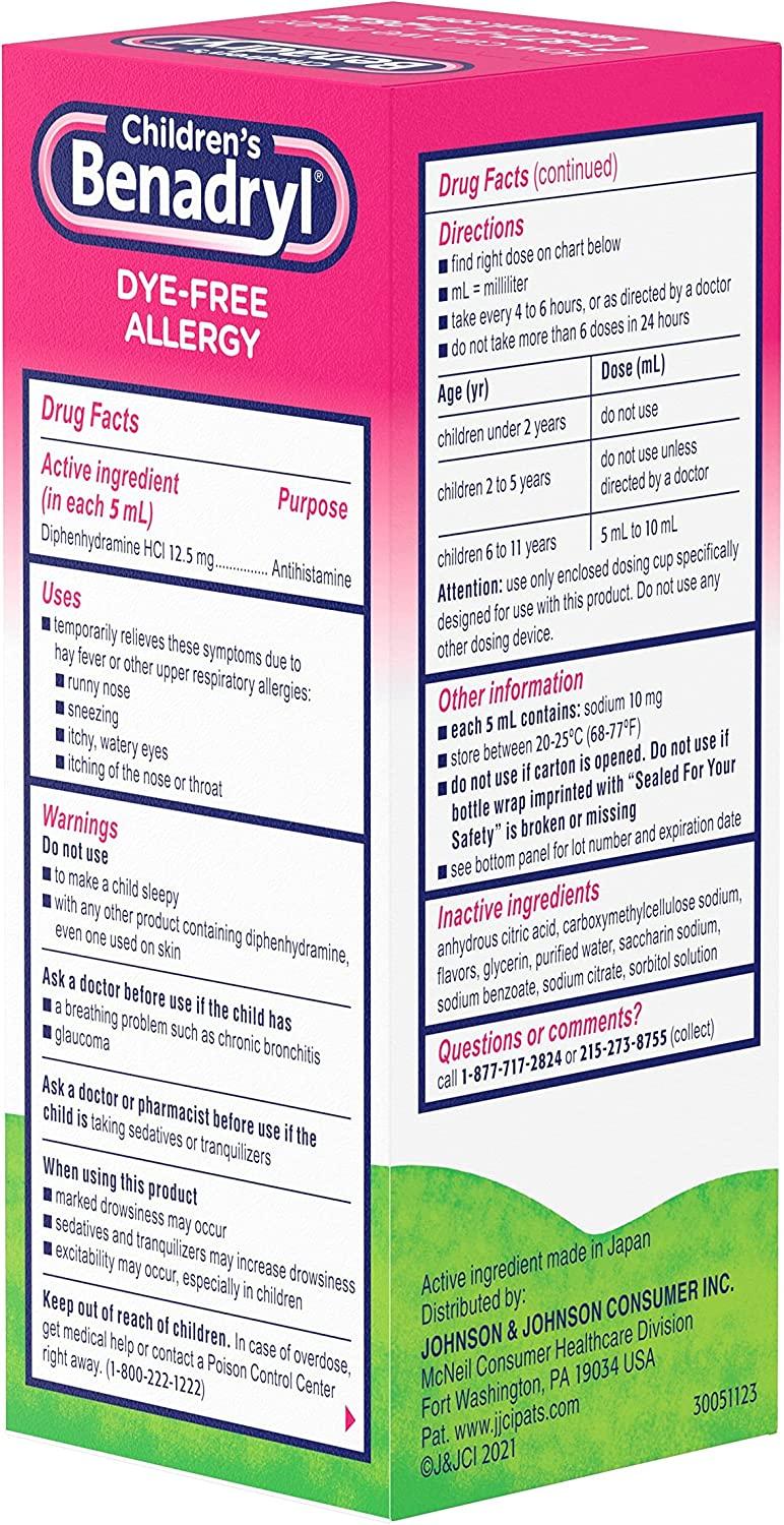 Children's Benadryl DyeFree Allergy Liquid Diphenhydramine HCl
