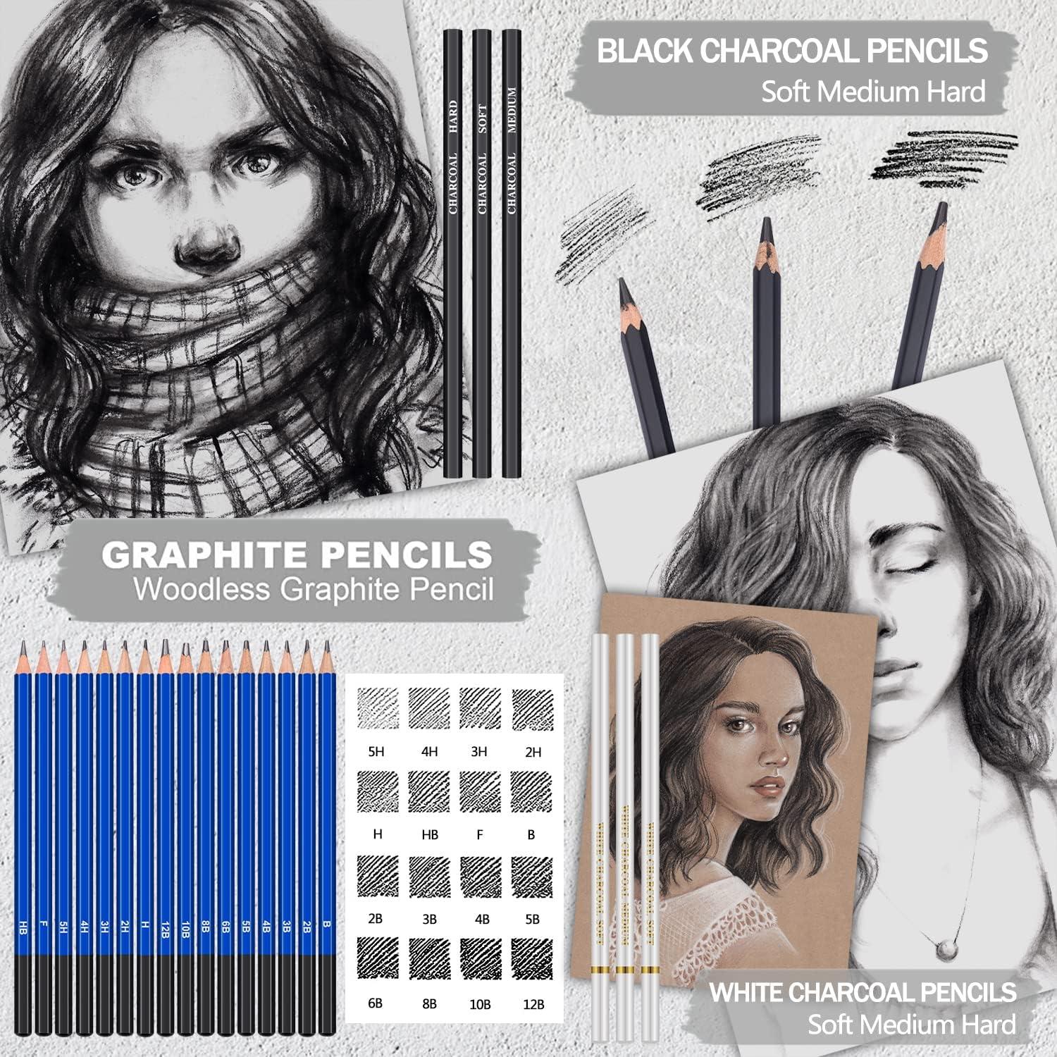 PANDAFLY Professional Charcoal Pencils Drawing Set - 8 Pieces Super Soft,  Soft, Medium and Hard Charcoal Pencils for Drawing, Sketching, Shading, Artist  Pencils for Beginners & Artists 