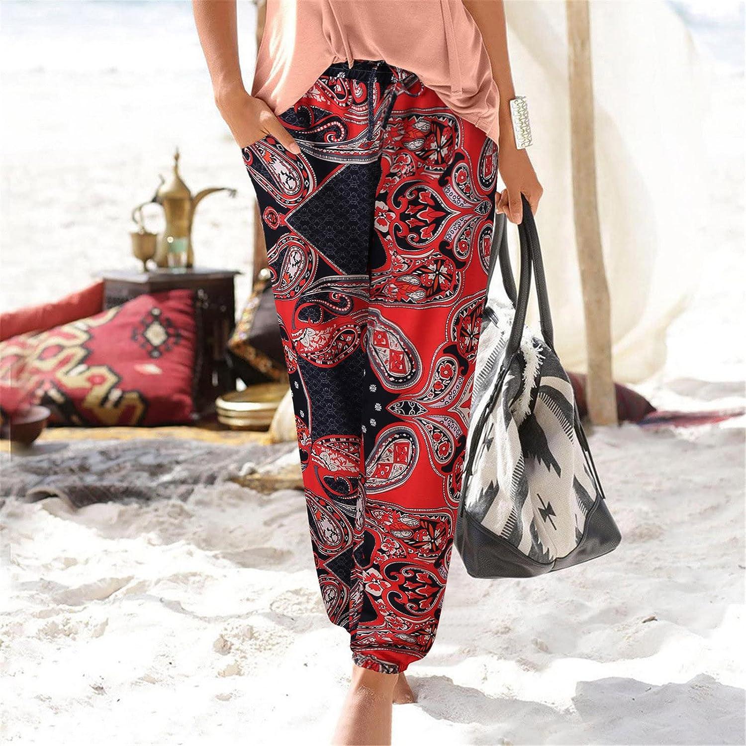 Women's Floral Print Boho Yoga Pants Hippie Tapered Loose Beach Trousers  Drawstring High Rise Harem Joggers Sweatpants Red XX-Large