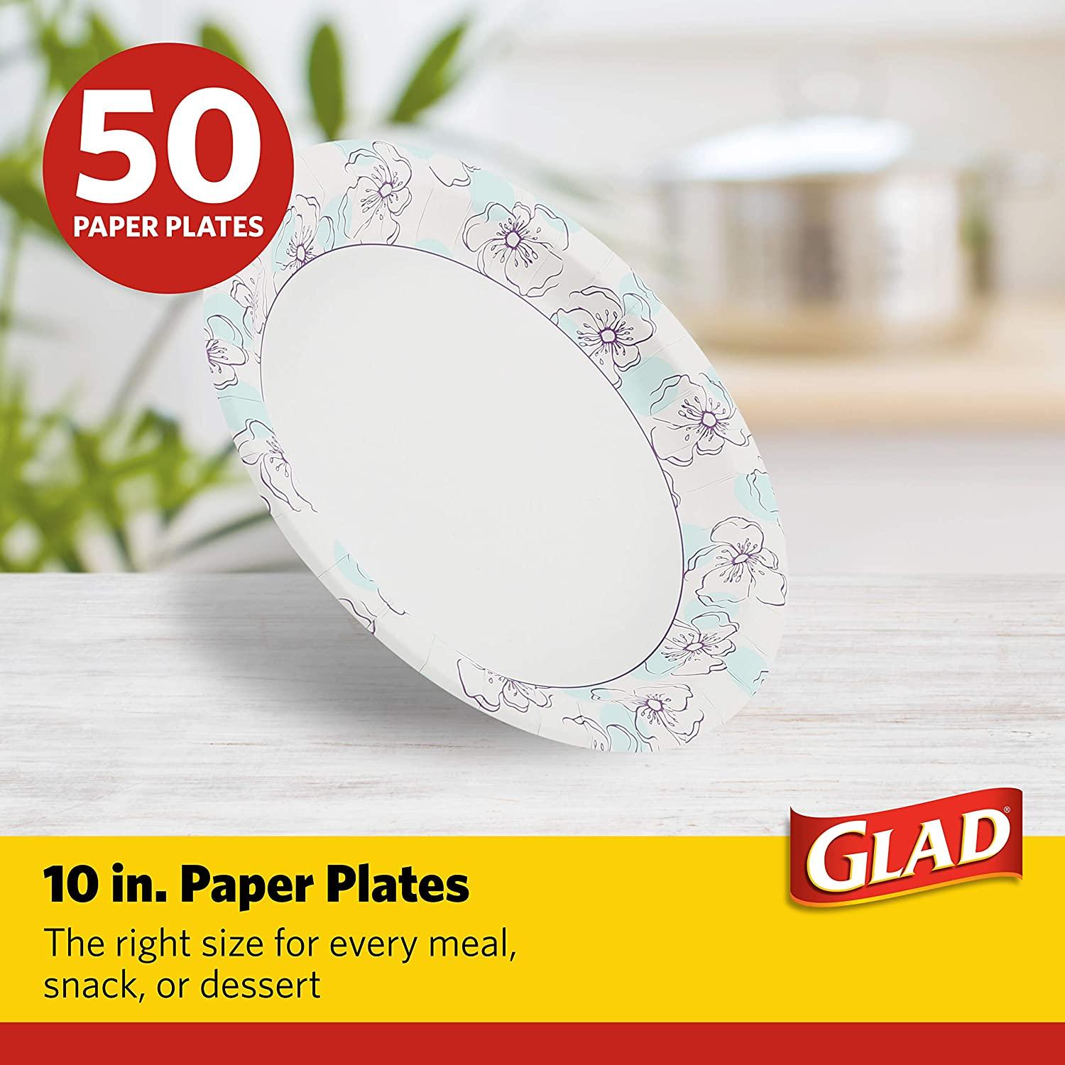Glad Round Disposable Paper Plates 10 in, Blue Flower, Soak Proof, Cut  Proof, Microwave Safe Heavy Duty Paper Plates 10