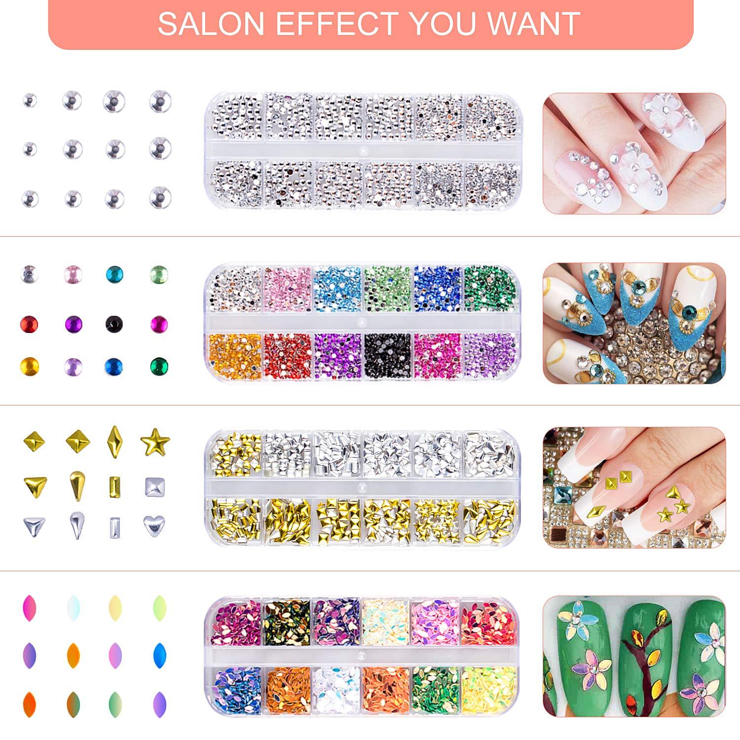 5 Boxes Nail Art Rhinestones Kit with 36 Pots Foils Flakes, Nail Crystal Gem Studs, Subay