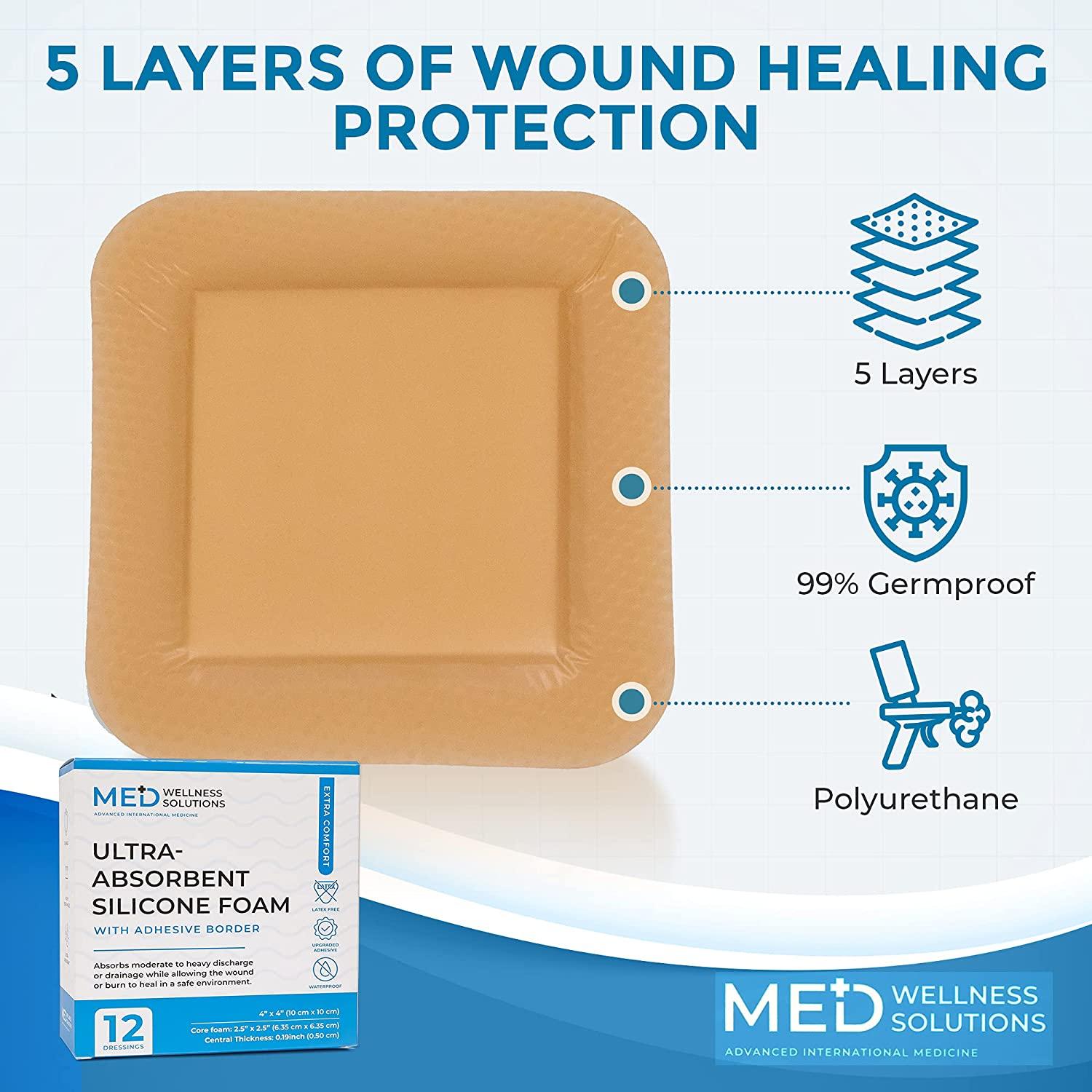 Med Wellness Solutions Silicone Foam Dressing Pack of 12. 4x4 Bordered