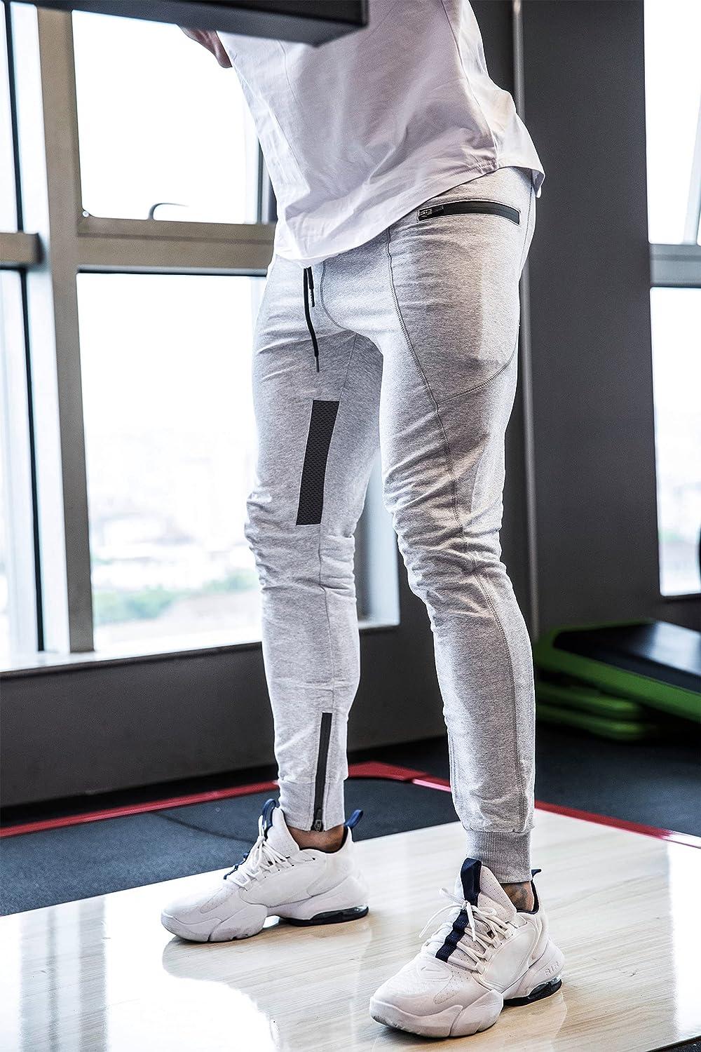 FIRSTGYM Mens Joggers Sweatpants Slim Fit Workout Training Thigh Mesh Gym  Jogger Pants with Zipper Pockets Light Grey Large