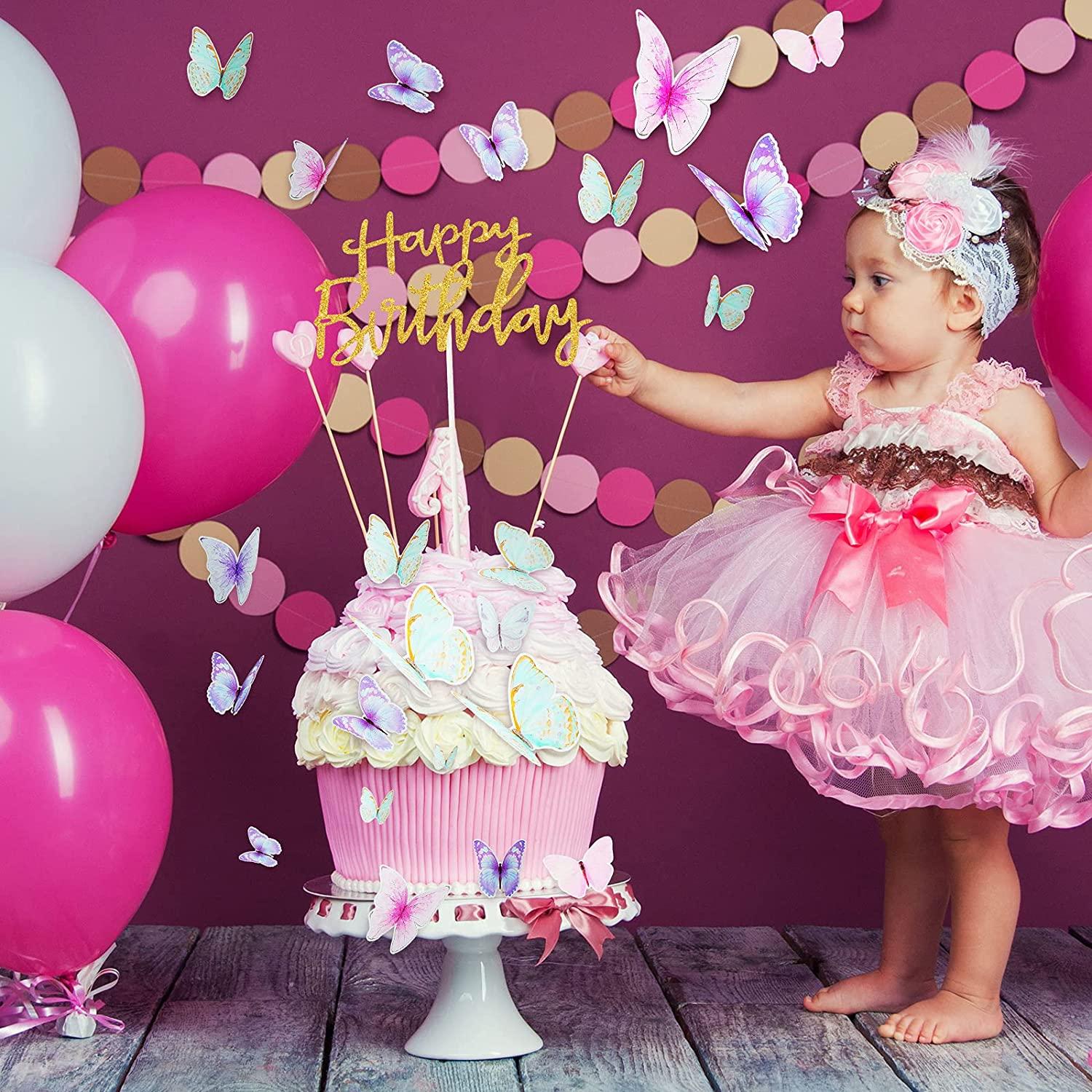60 Pieces Blue Purple Butterfly Cake Toppers with Happy Birthday Cake