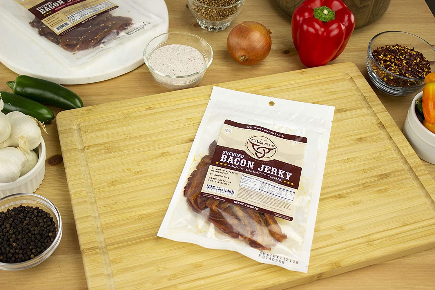 Mission Meats Delicious Uncured Kickin Sriracha Bacon Jerky Hand