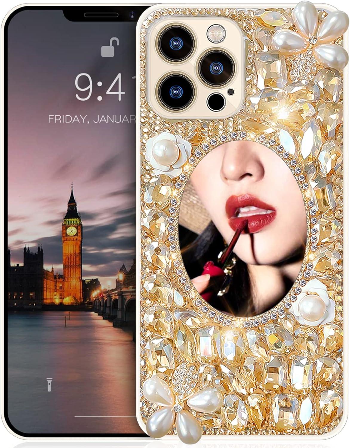 Cavdycidy Designer iPhone 13 Pro Max Mirror Case with Bling Gemstone - Gold Gems | Luxury 3D Glitter Sparkle Diamond Phone Case for Women | Buy Now with Express International Delivery | GoSupps.com Cavdycidy Designer iPhone 13 Pro Max Mirror Case with Bling Gemstone - Gold Gems | Luxury 3D Glitter Sparkle Diamond Phone Case for Women | Buy Now with Express International Delivery | GoSupps.com