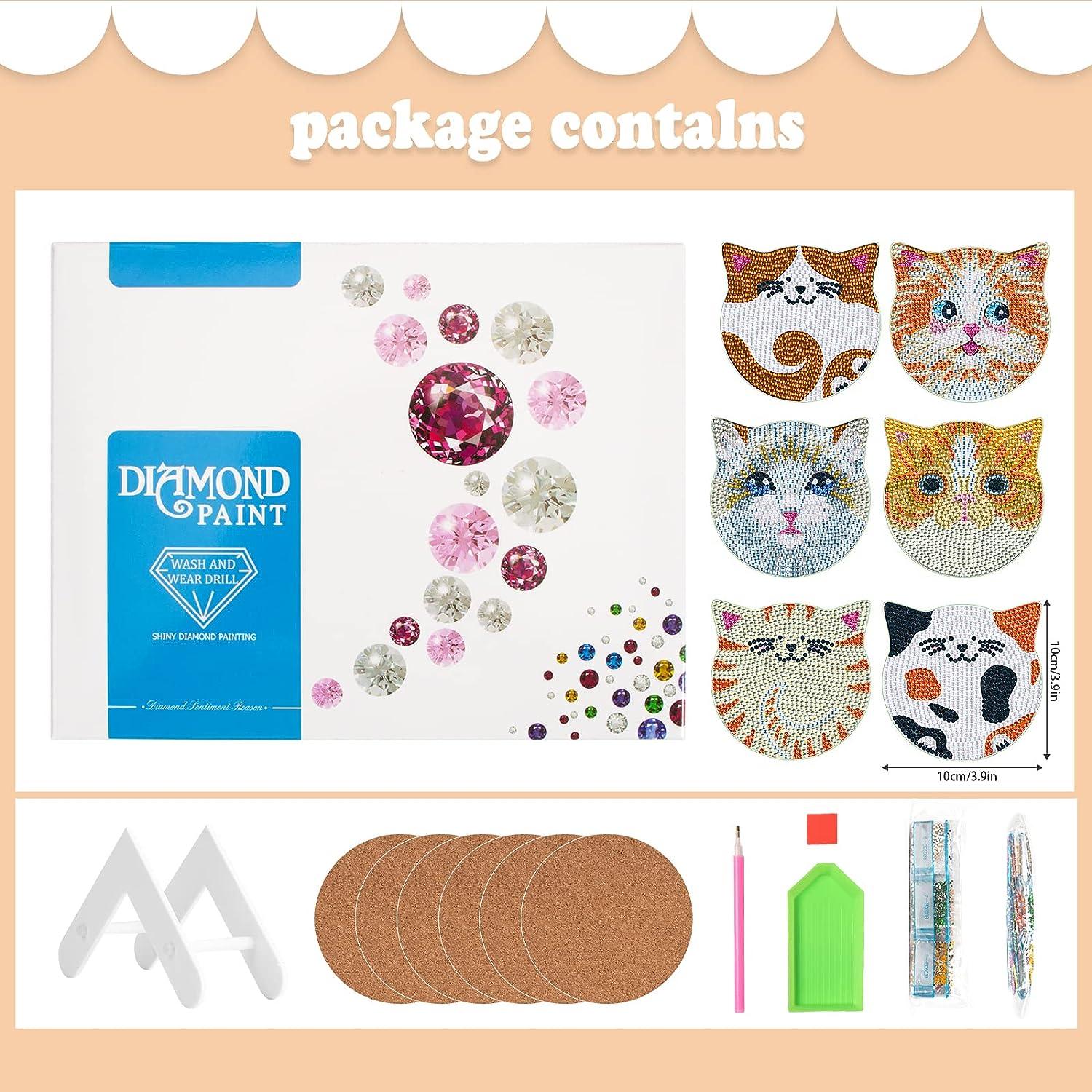 Mtfun 6 Pcs Diamond Dot Coasters with Holder Acrylic Diamond Art Coaster Set for Beginners Non-Slip Cute Cat DIY Diamond Coaster for Cup Table Adults