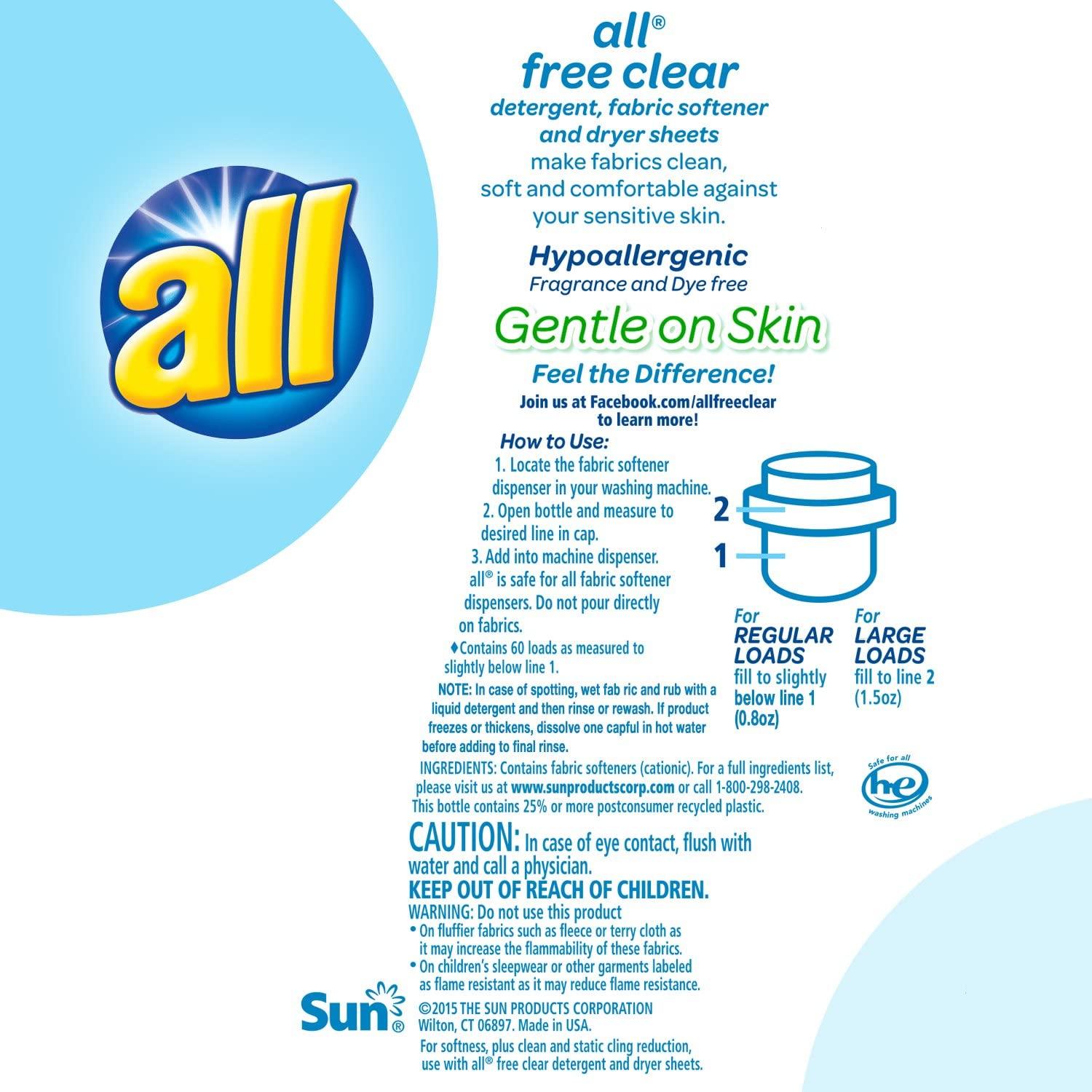 all Liquid Fabric Softener, Free Clear for Sensitive Skin, 48 Fluid