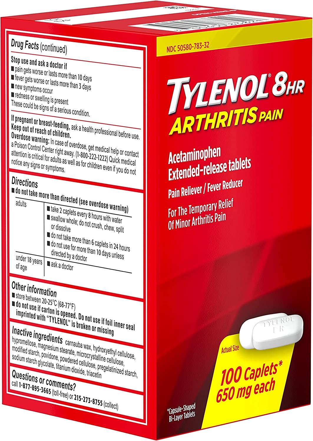 Tylenol 8 Hour Arthritis Joint Pain Acetaminophen Caplets 100 Count Arthritis Tablets100 ct