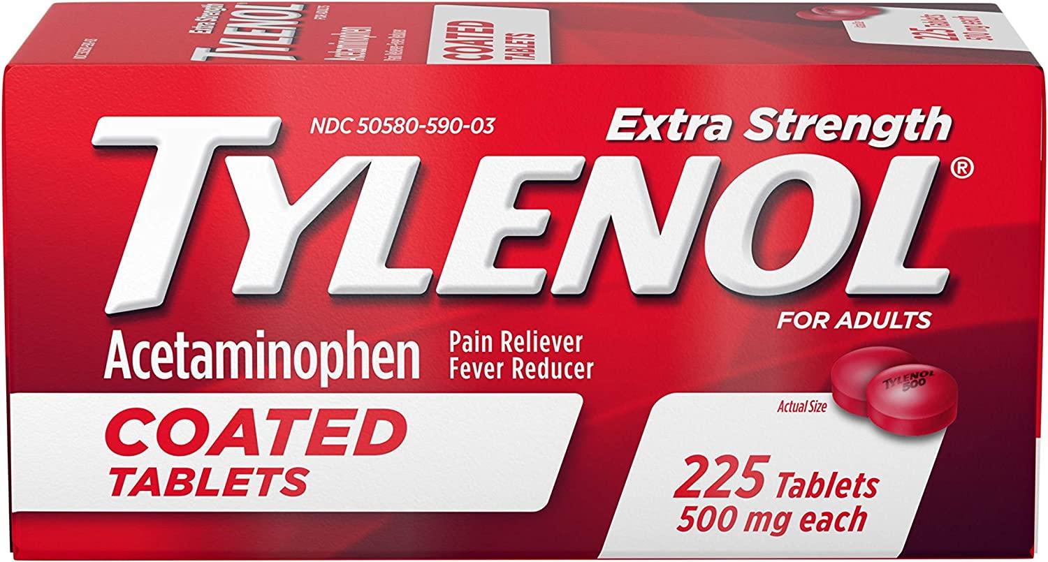 Tylenol Extra Strength Coated Tablets Acetaminophen Adult Pain Relief Fever Reducer 225 ct