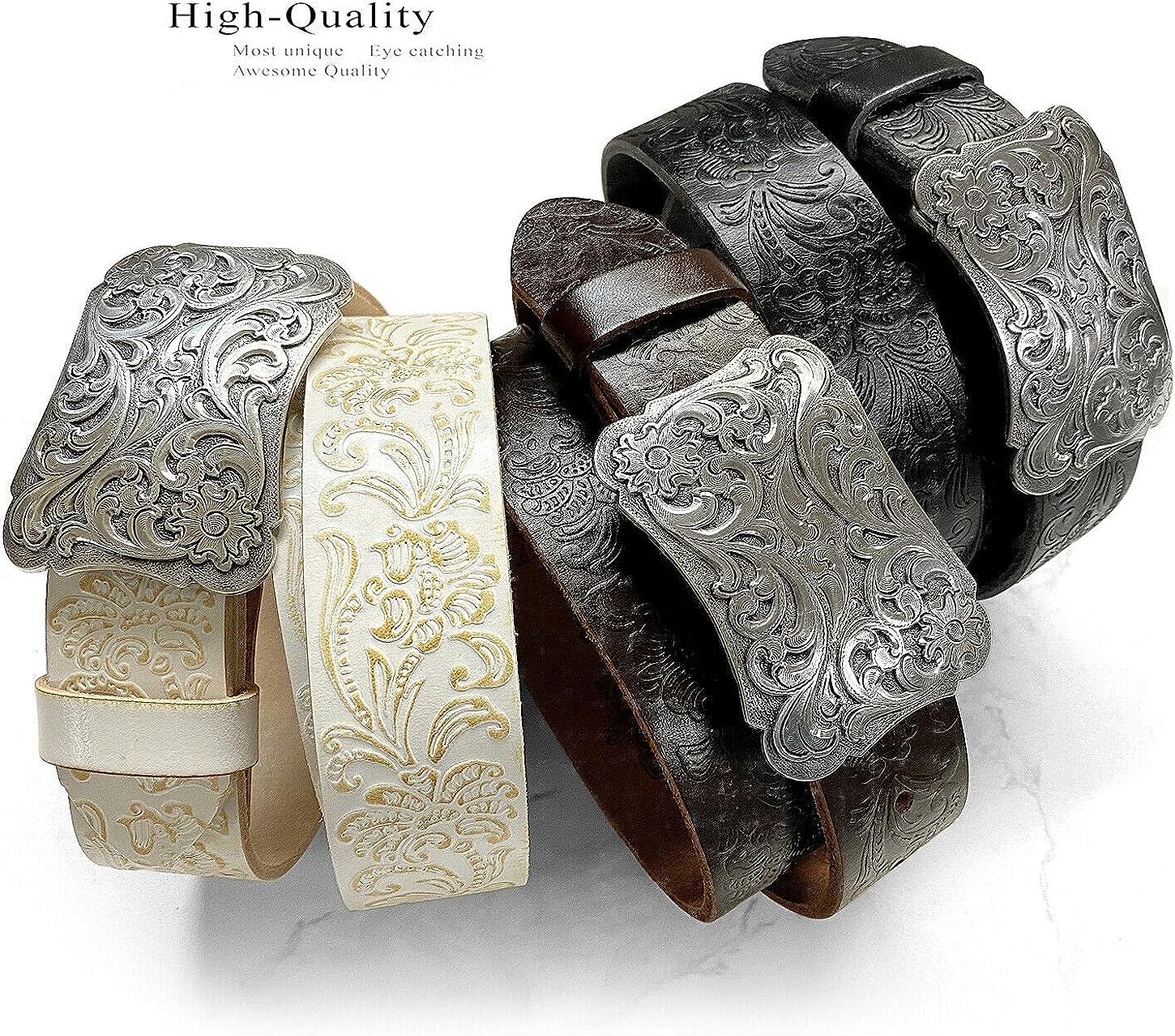 Western Fashion Style Floral Engraved Buckle Full Grain Genuine
