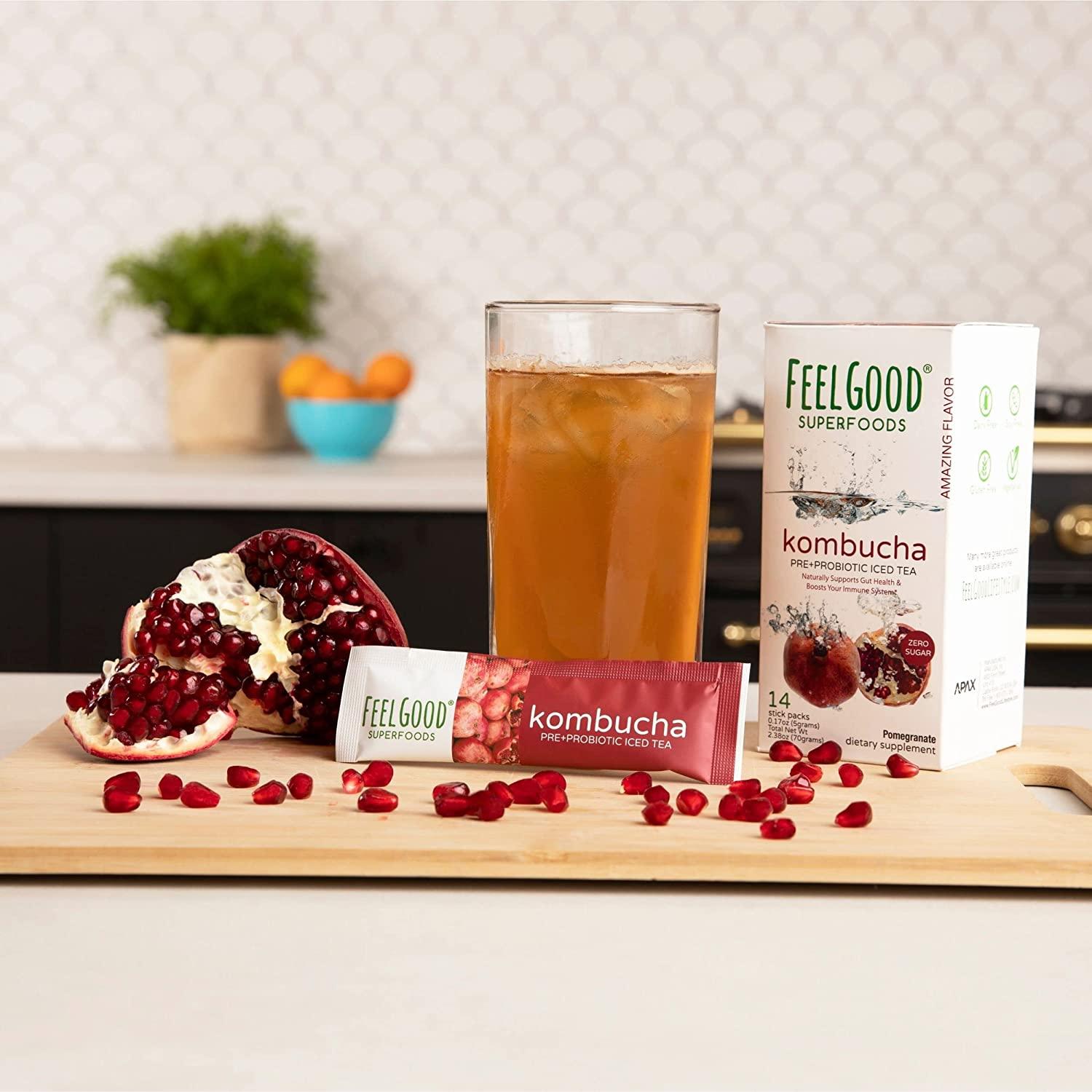 FeelGood Superfoods Pomegranate Kombucha Iced Tea Packets 14 Packets