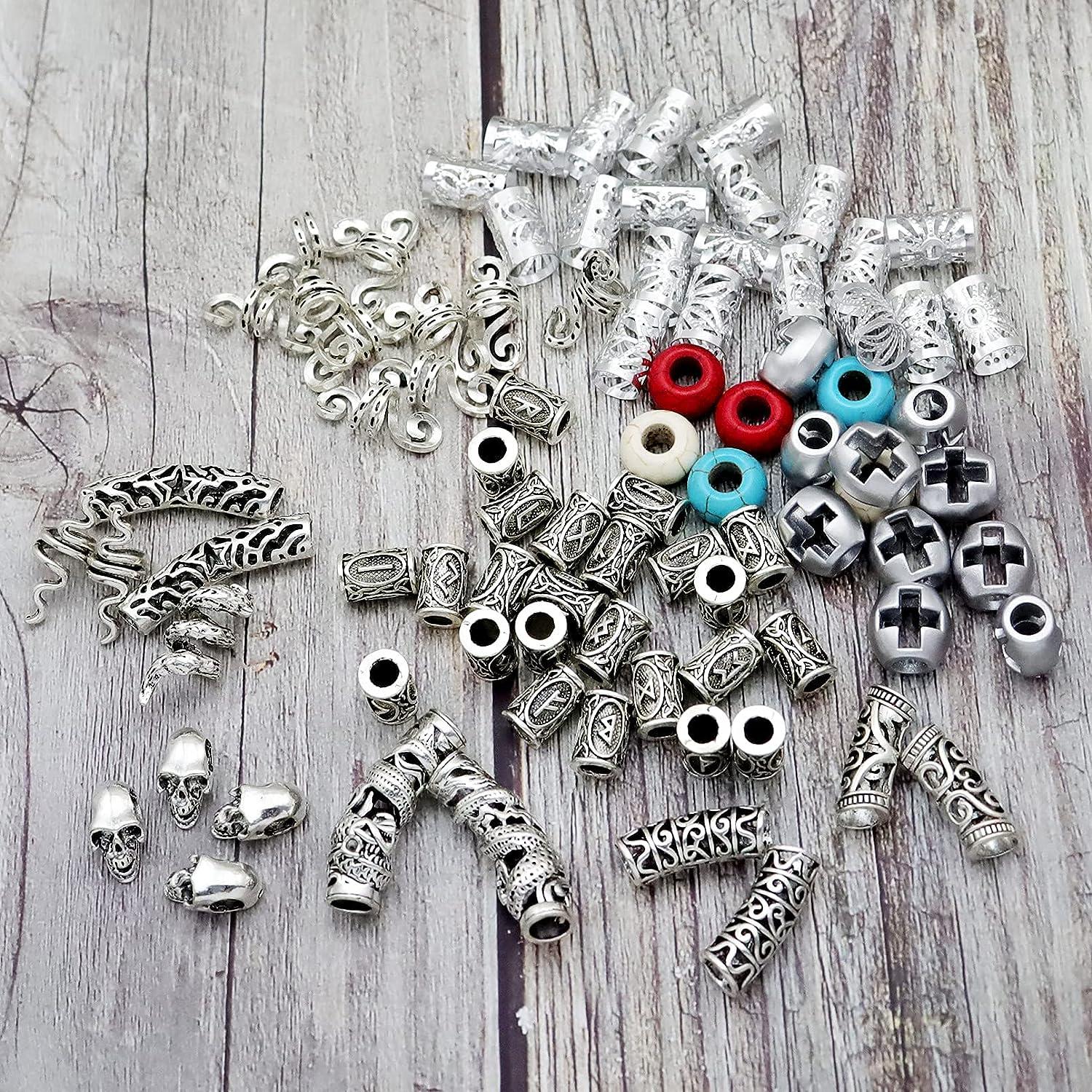 85Pcs Viking Norse Rune Beard Beads Ring Hair Braids Dreadlock Dreads Skull  Snake Wolf Cross Turquoise Filigree Cuff Pirate Accessories Clips Pins Tube  Locs Hair Extension Jewelry Vintage Silver