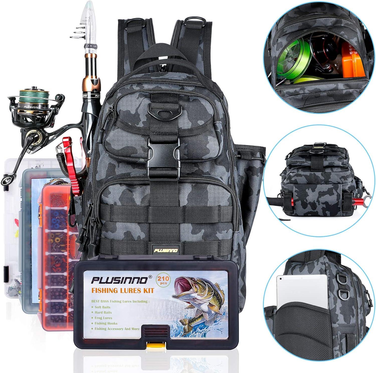 PLUSINNO Fishing Backpack Tackle Bag Water-Resistant Fishing Backpack with  Rod Holder Large Fishing Bag for Fishing Gear Ideal Fishing Gifts for Men  Large(16.5*10.5*5.5inch)-Black Camo