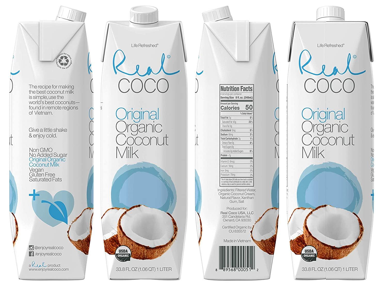 Real Coco Organic Original Coconut Milk Beverage (6Pack 1L), USDA