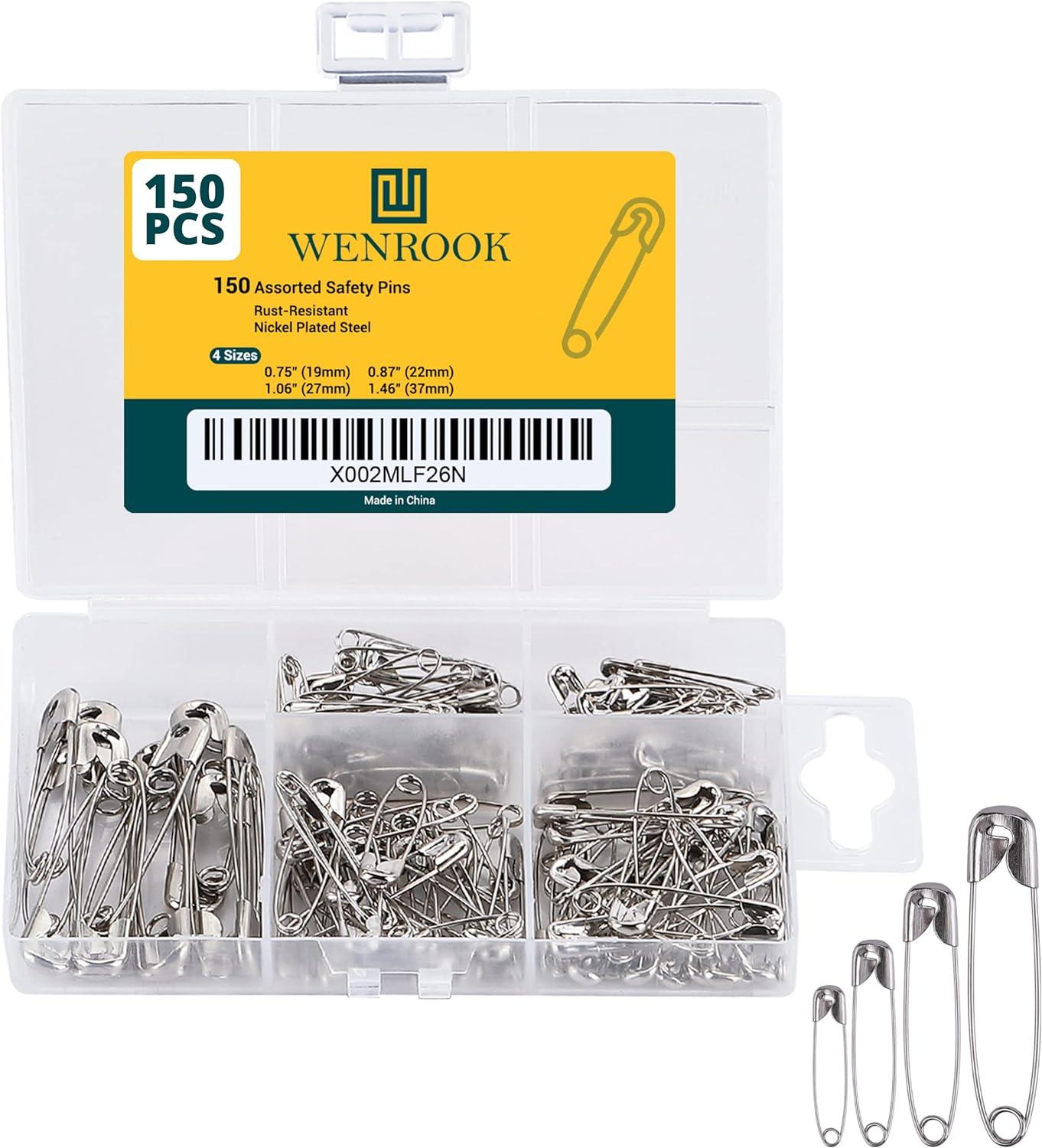 Wenrook Safety Pins Assorted 4-Size Pack of 150 - Strong Nickel Plated  Steel Rust Resistant Heavy Duty Variety Pack Perfect for Clothes Crafts  Sewing Pinning and More Assorted Sizes