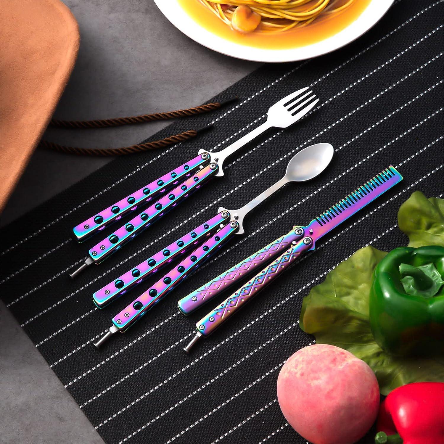 3 Pieces Colorful Stainless Steel Butterfly Comb Fork and Spoon Set for