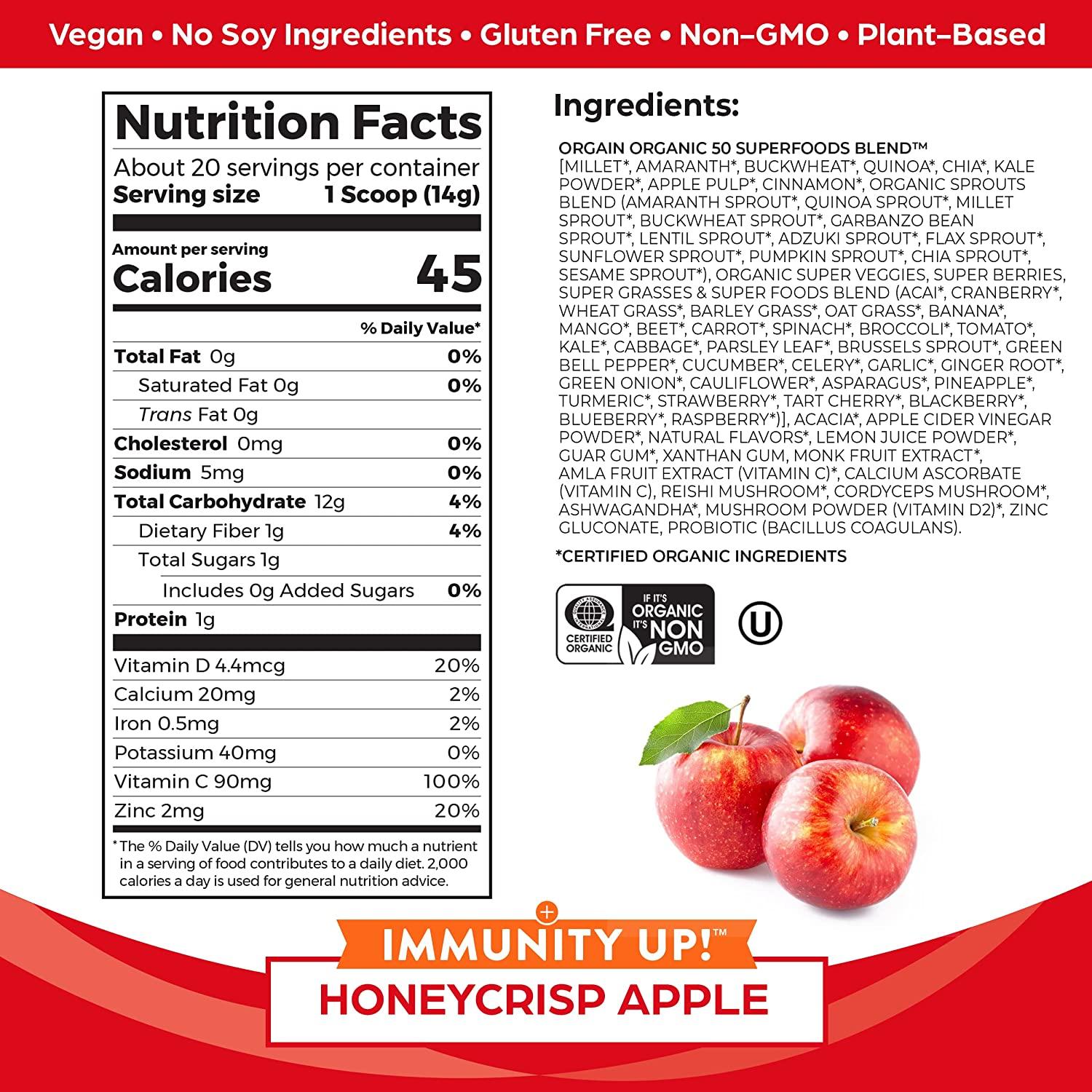 Immune Support, Orgain Organic Superfoods + Immunity Up! Powder, Vegan, Includes Zinc, Apple