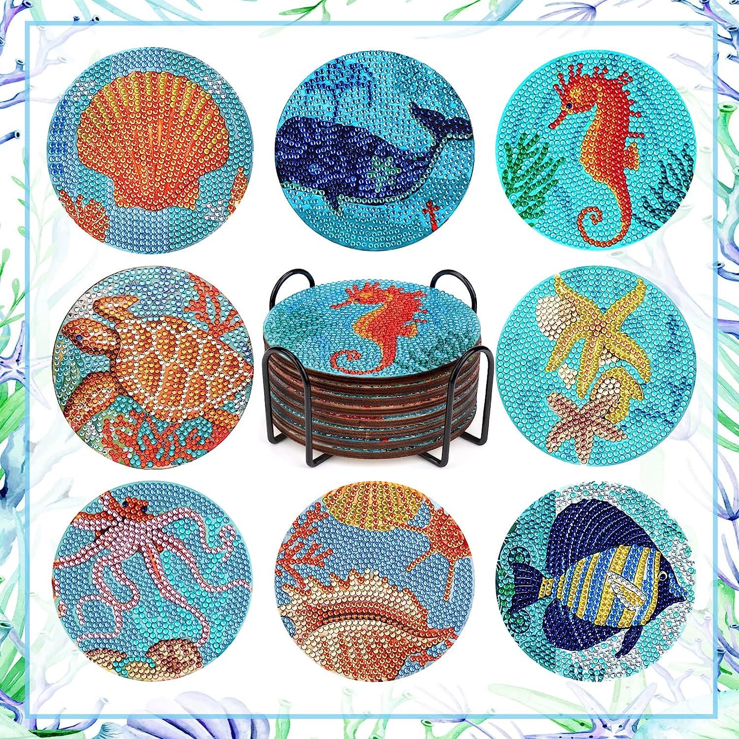 8 Pieces Diamond Painting Coasters Kit with Holder,DIY Beach Theme Ocean  Life Diamond Painting Coasters,Diamond Art Craft for Beginners Adults &  Kids Housewarming Gifts Home Kitchen Table Decor
