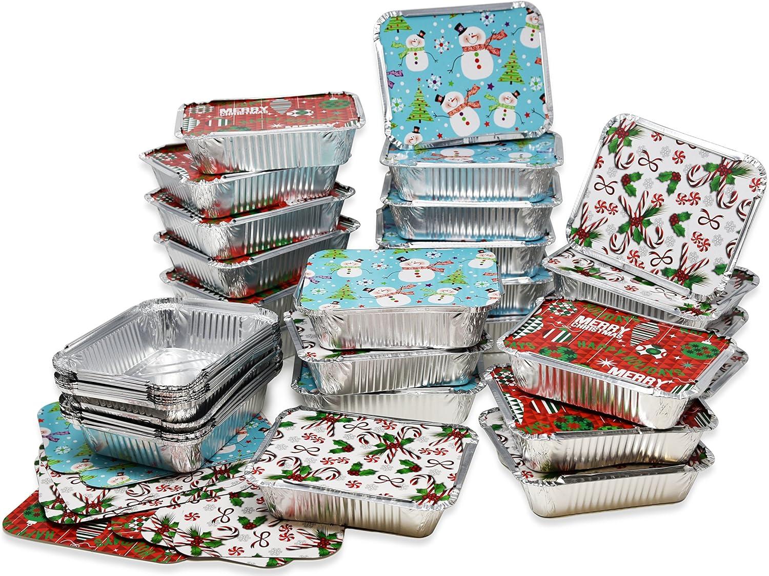 Gift Boutique 36 Count Christmas Tin Foil Containers with Lid Covers For  Cookies in 3 Holiday Designs Aluminum Disposable Food Storage Pans For  Treat Exchange & Goody Party Leftovers 5W X 7L X