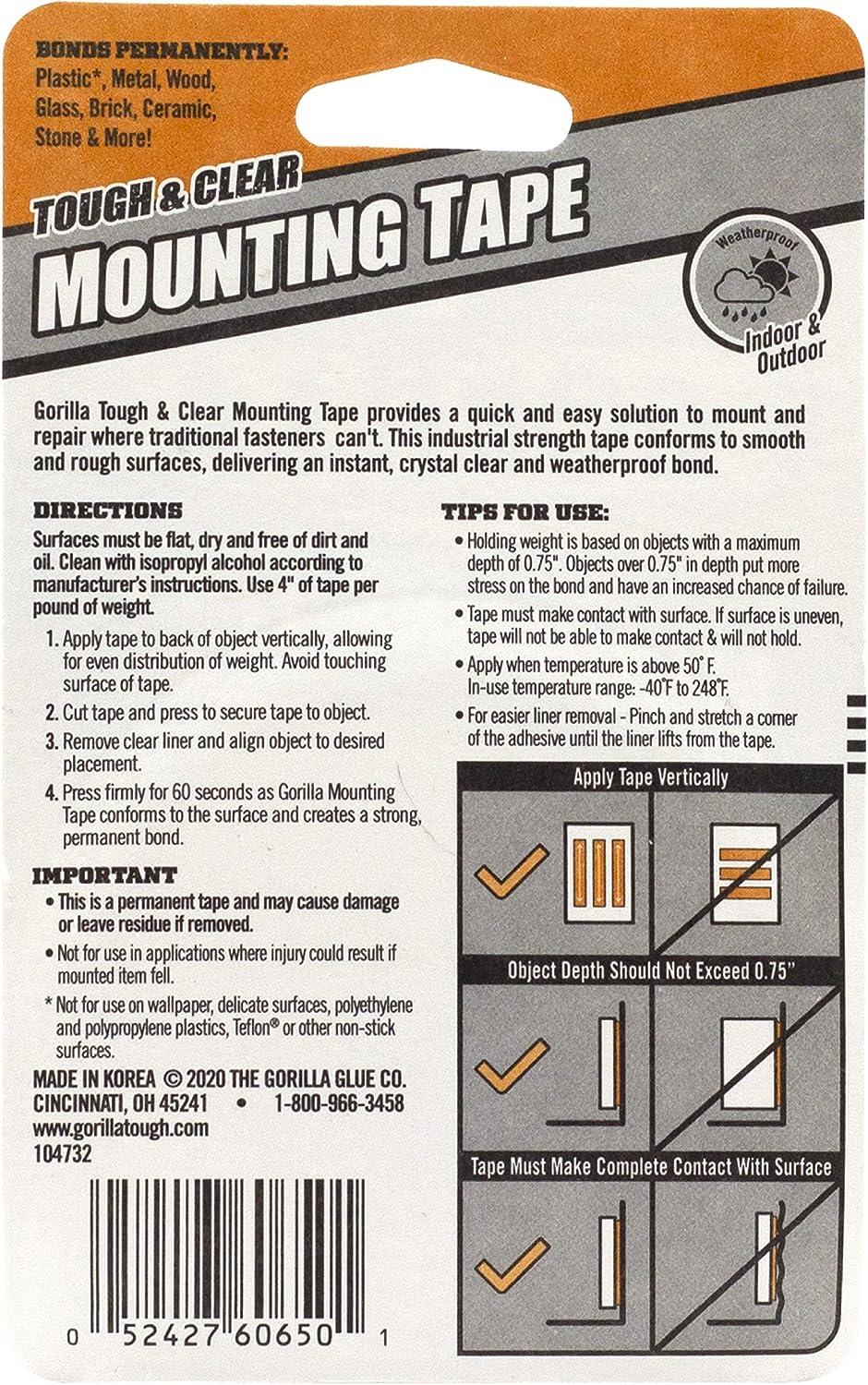 Gorilla Tough & Clear Double Sided Mounting Tape Weatherproof 1 x 60 Clear (Pack of 2) 2 Pack