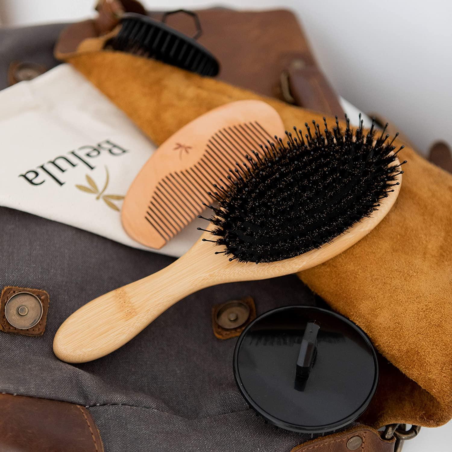 Belula 100% Boar Bristle Hair Brush for Men Set. Soft Hairbrush for Thin,  Normal and Short Hair. Boar Bristle Brush and Wooden Comb for Men. Free 2 x