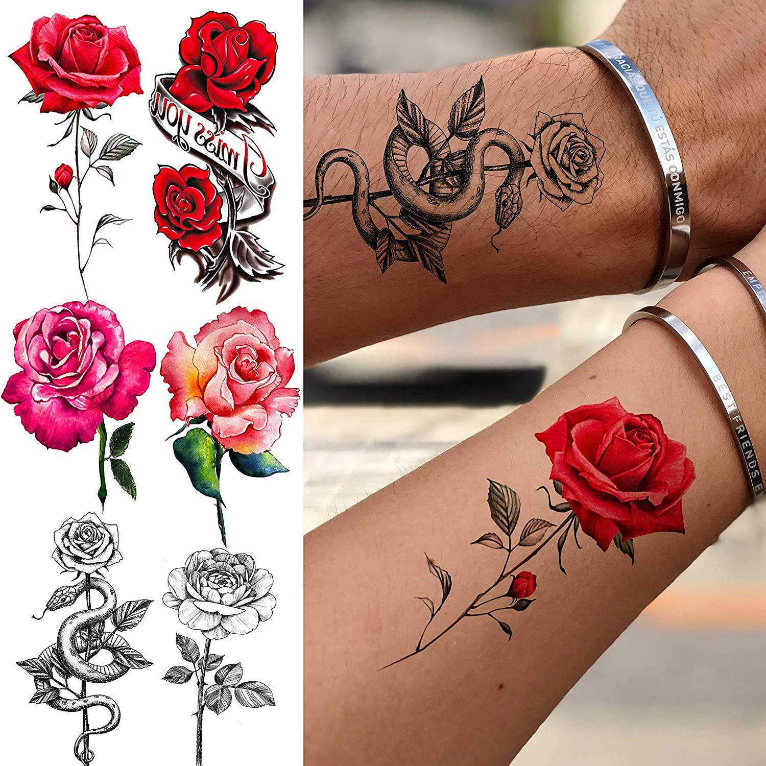 EGMBGM 24 Sheets Black Sketch Rose With Snake Temporary Tattoos For Women, Sexy Red Rose Branch Crescent Moon Tattoo Sticker For Girls, Waterproof Arm Leg Neck Fake Flowers Tattoo Temporary Tatoo Kit