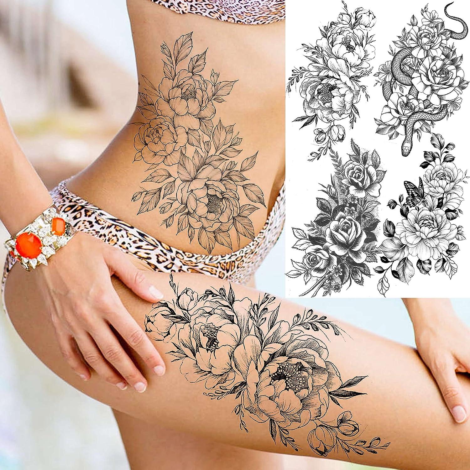 Rejaski 34 Sheets Large Rose Peony Temporary Tattoos For Women Thigh Half  Arm Sleeve Girls Temp Body Art Waterproof Tattoos Adults 3D Black Butterfly  Floral Fake Tattoos That Look Real and Last