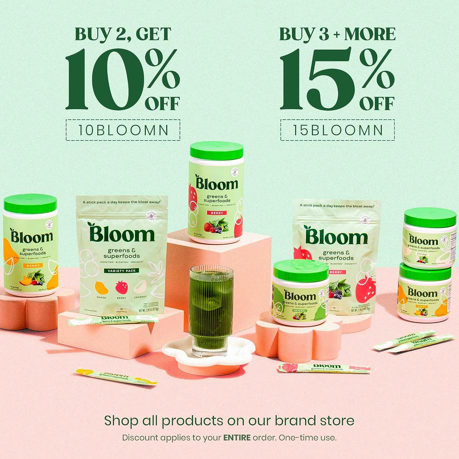 Bloom Nutrition Super Greens Powder Smoothie Mix 15 Stick Packs with