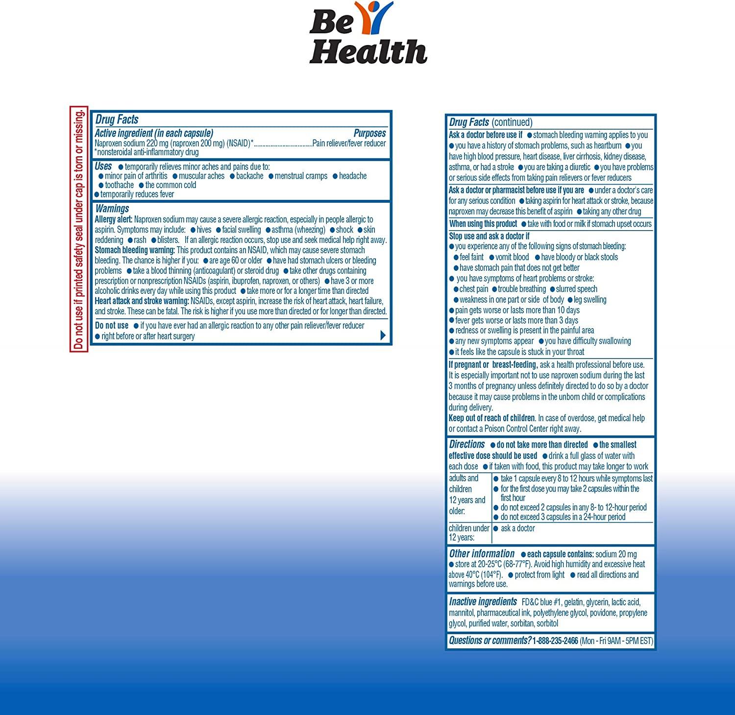 Be Health Naproxen Sodium 220 Mg Capsules, Pain Reliever/Fever Reducer