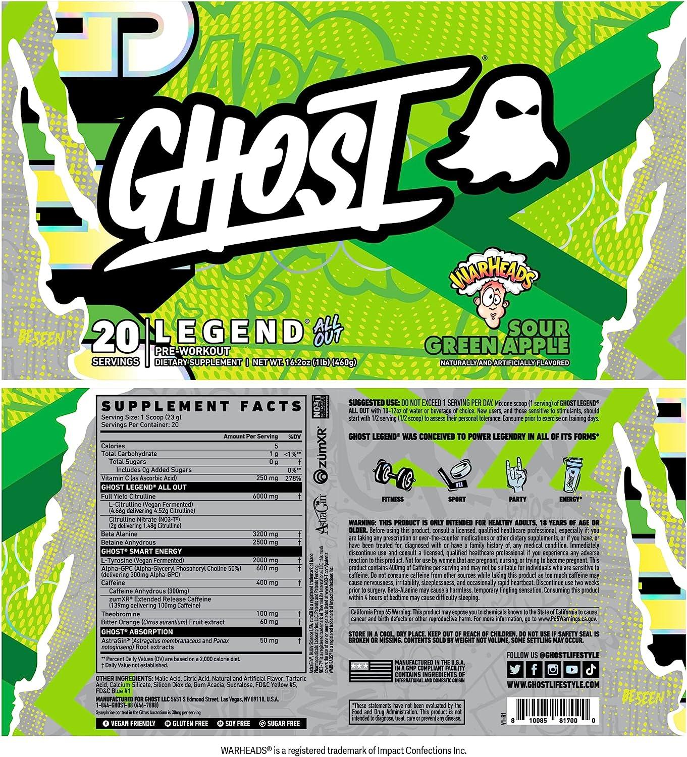 GHOST Pre-Workout Energy Powder Legend All Out Warheads Sour Green