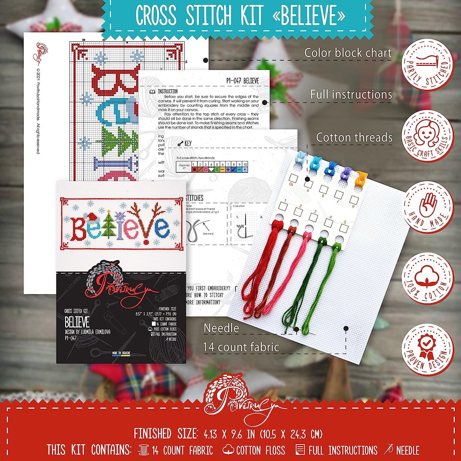 Counted Cross Stitch Kit 'Believe' - Embroidery Set for The Holidays,  Encouragement, or Inspiring Everyday Possibilities with a Christmas Tree,  Snowflake, Deer and Santa Hat