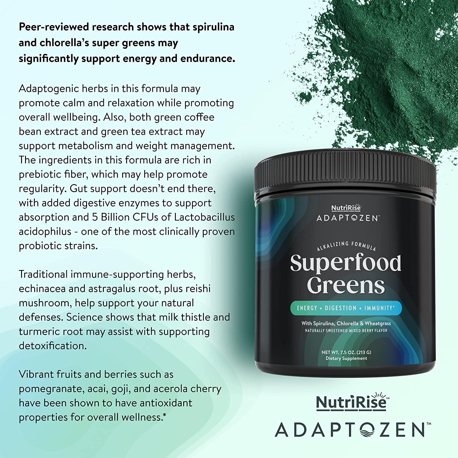 AdaptoZen SuperFood Greens Powder Supplement 1 GlutenFree. Spirulina