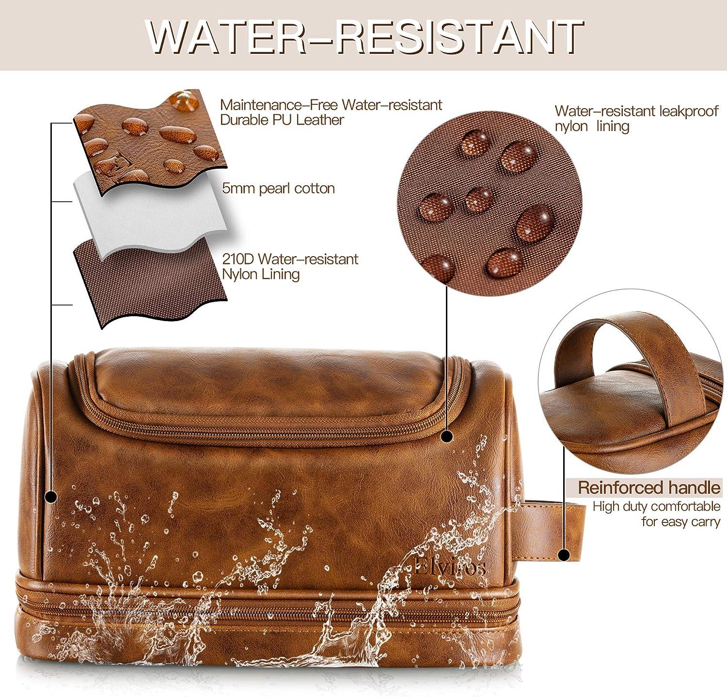 Elviros Leather Travel Toiletry Bag Large Water-Resistant