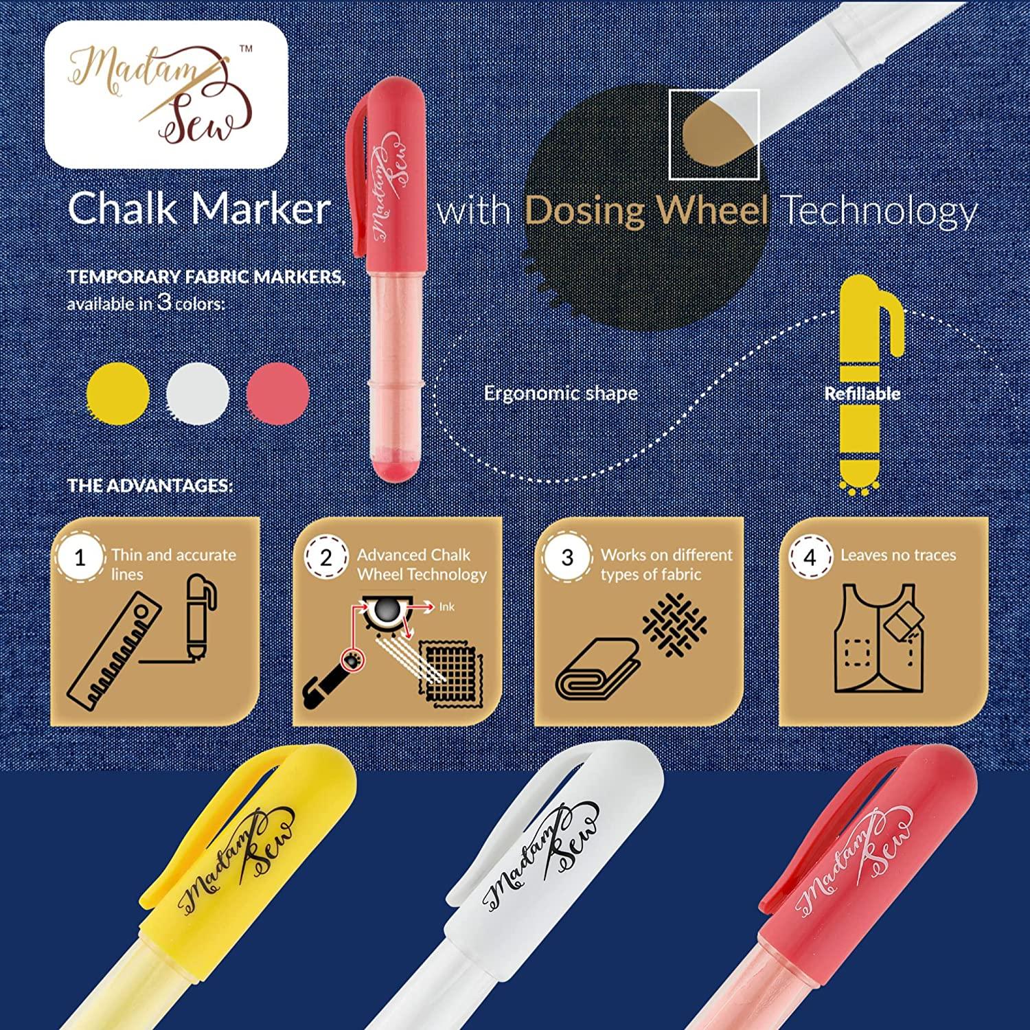 Madam Sew Chalk Fabric Marker for Sewing, Quilting & Crafting, White, Tailors Liner Pen Creates Consistent Erasable Lines with Dosing Wheel  Technology