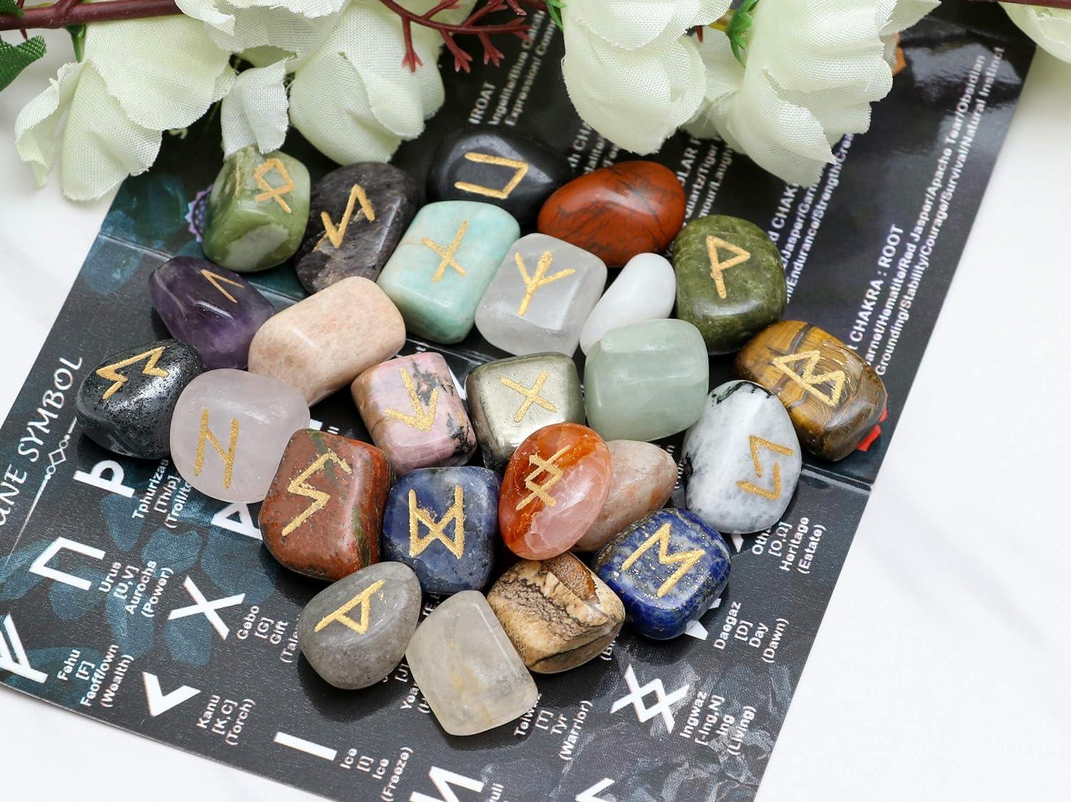 Chakra Elder Futhark Alphabet Engraved Rune Stones Set 25 pcs