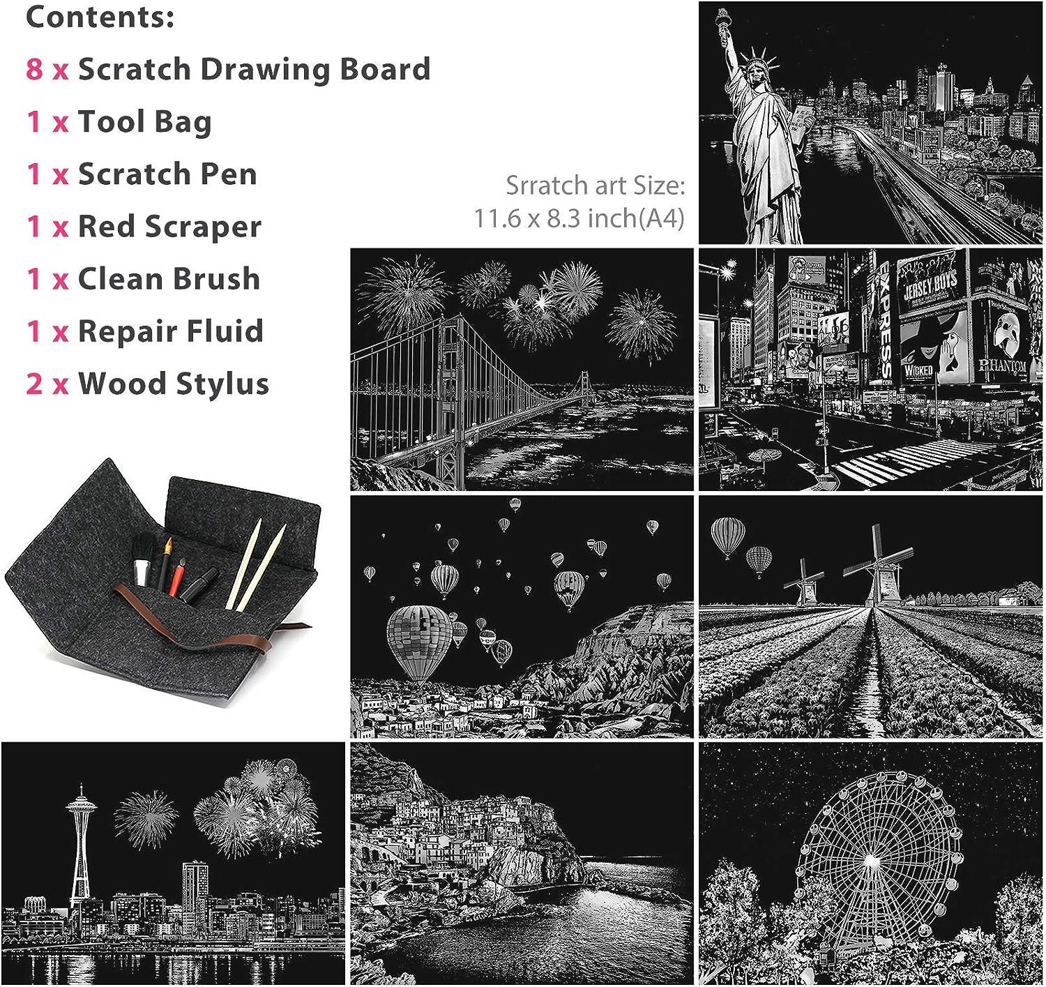 Scratch Art for Adults Kids, Rainbow Painting Night View Scratchboard(A4), Crafts Set: 8 Sheets Scratch Cards with 6 Tools in Bag - Fireworks, Big