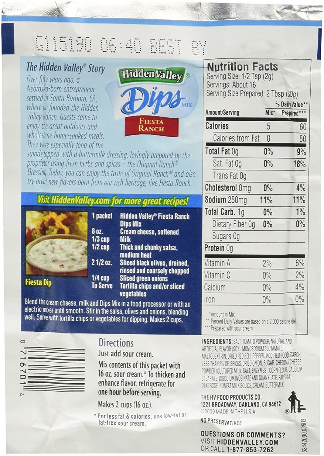 Hidden Valley Dips Mix, Fiesta Ranch 1.1 Oz Packets (Pack of 6)