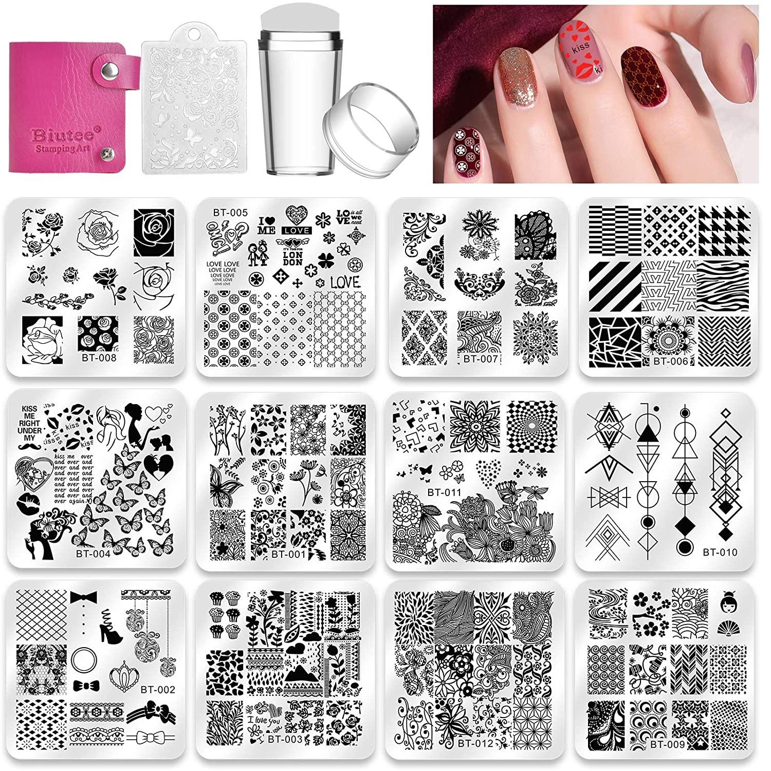 Biutee Nail Stamper Kit Nail Art Stamping Plate Set Stamping Nail Polish  Gel Stamp Plate Jelly Silicone Stamper Scraper Flower Lace Line kiss  Stencil Template Tool Supplies for Holiday (Storage Bag) nail