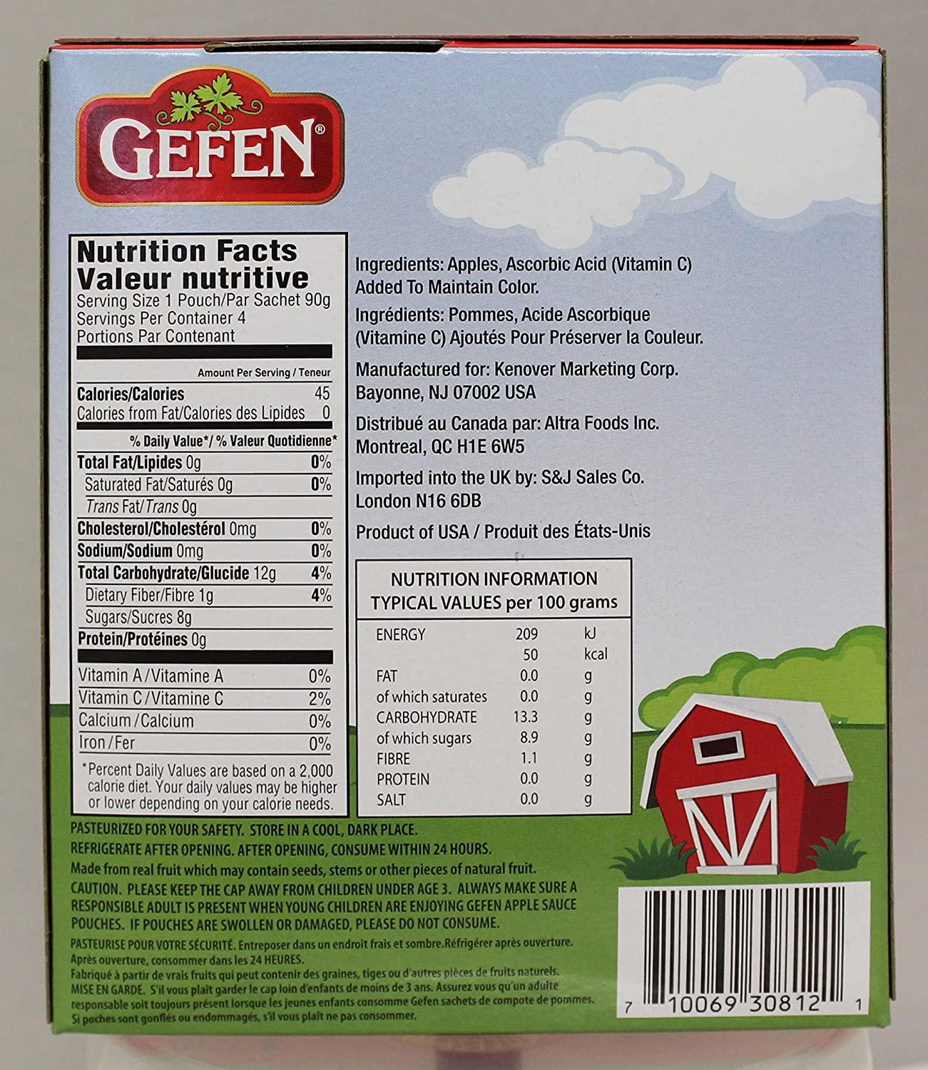 Gefen Applesauce Pouches 3.17oz 1 Pack (4 Pouches) Convenient Snack