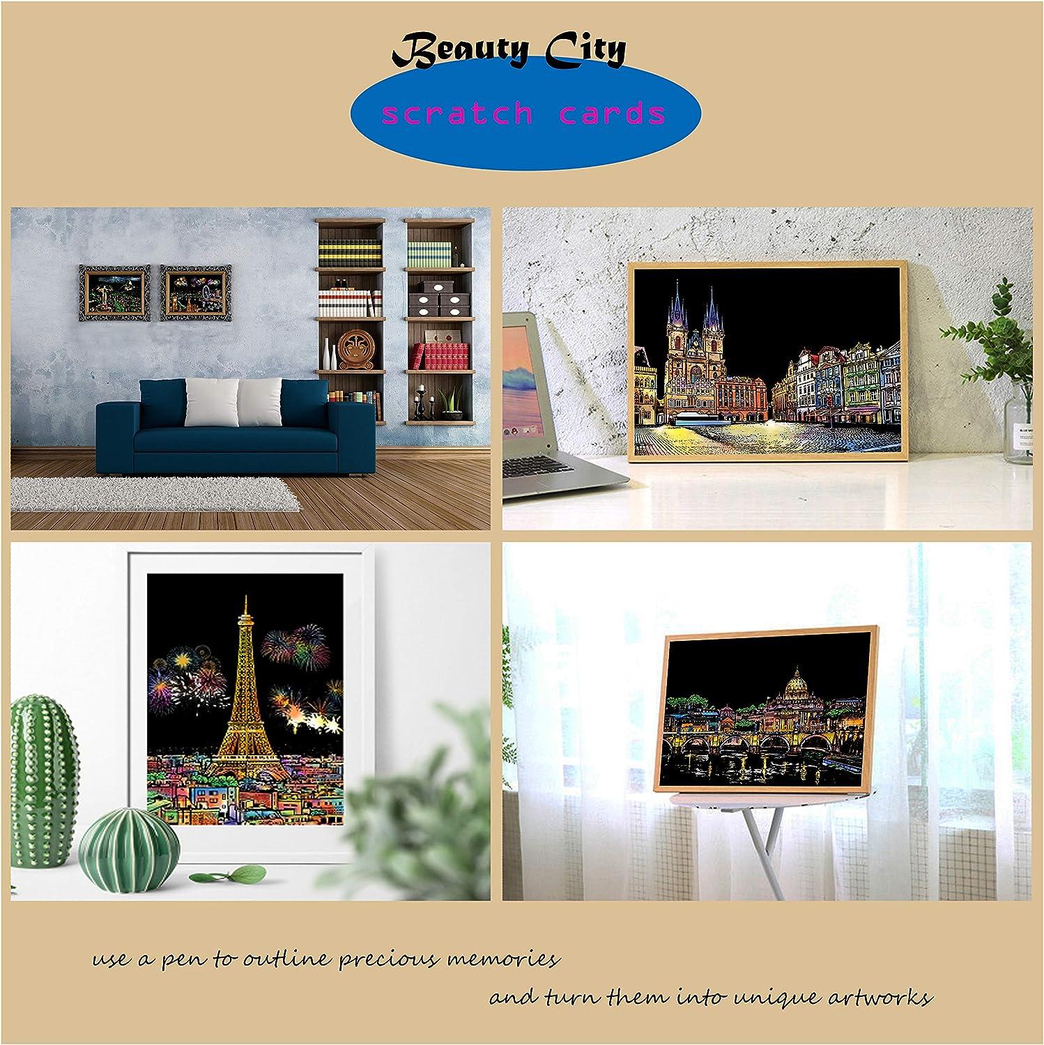 Fireworks City Scratch Painting & Cards Set Engraving Art A4 for Kids