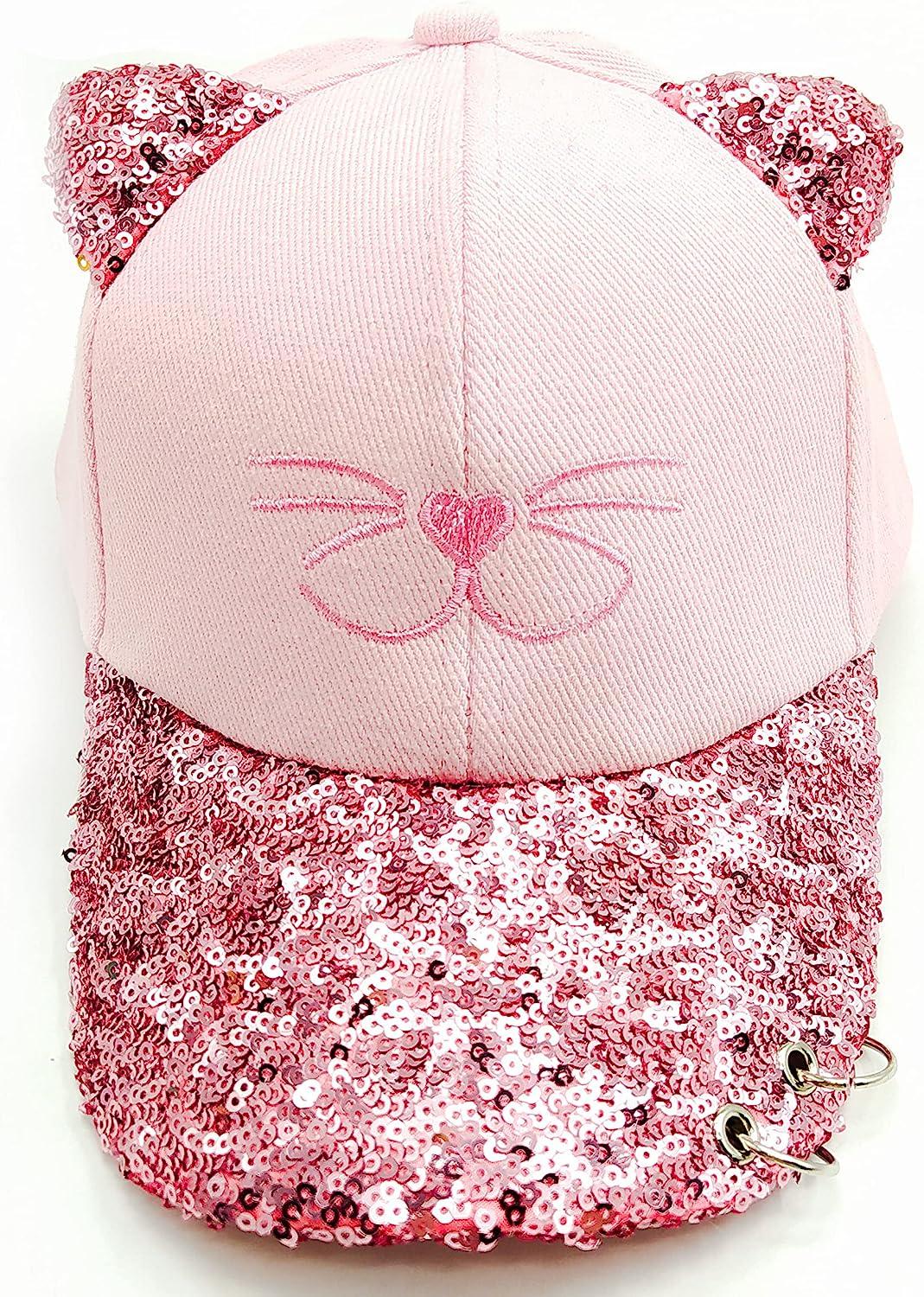 F&P Kids Girls Baseball Cap - Pink Kitty Face, Metal Rings