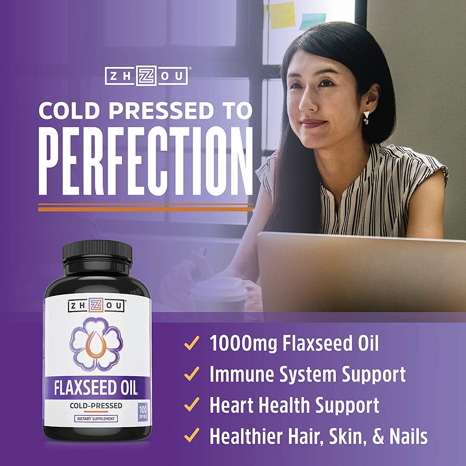 Zhou Flaxseed Oil 1000 mg Supports Heart Health and Healthy Hair Skin Nails Essential Omega 36 9