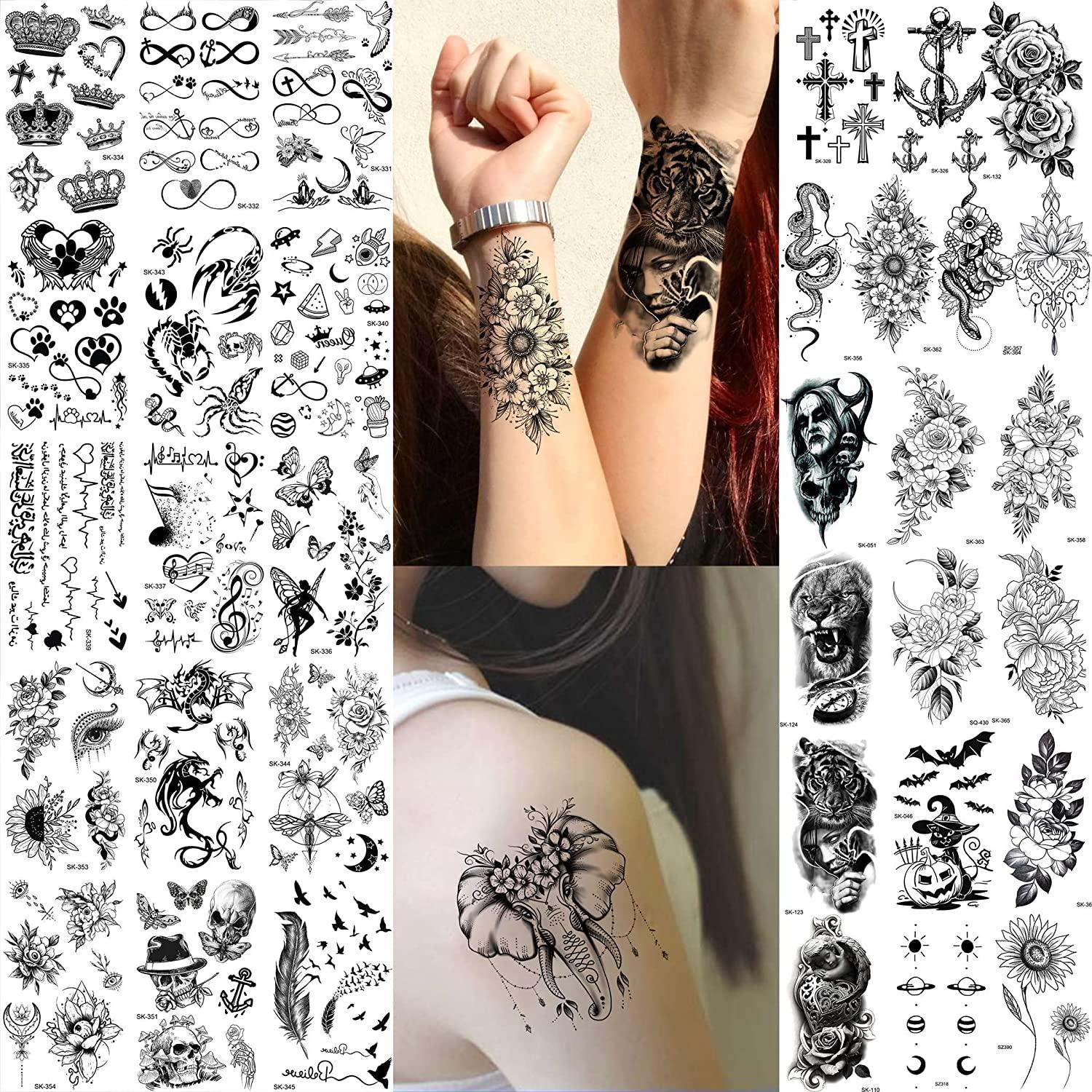 Shegazzi 63 Sheets 3D Flower Temporary Tattoos For Women Girl, 12 Sheets  Realistic Sexy Rose Peony Floral Fake Tattoo Sticker Adult, 52 Sheets Small  Black Snake Letter Anchor Infinity Tatoos Neck Arm