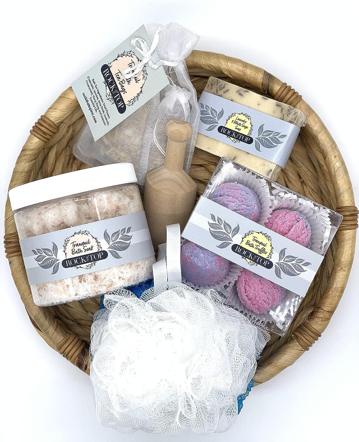 Rock the Top Anxiety Relief Items in a Spa Gift Baskets for Women. 6 Self  Care Gifts Mineral-Rich Bath Soak Soap Bomb Truffles & Tea. Basket That  Will Leave her Skin SO
