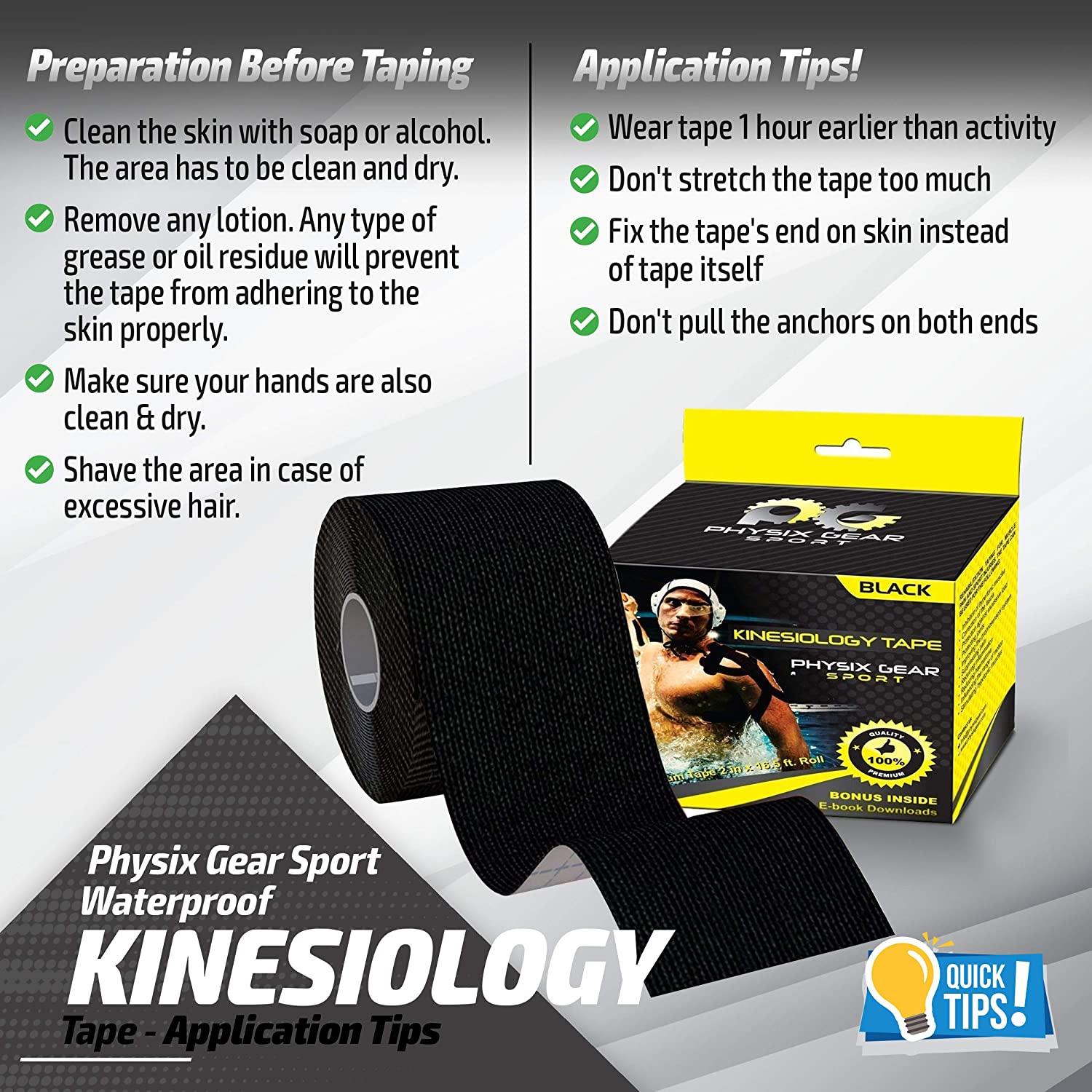 Physix Gear Kinesiology Tape Pro - Waterproof Physio Sports Tape for Pain &  Injuries, Pregnancy, Muscle, Knee, Joint Support, Swelling, Strain Relief,  Enhanced Blood Circulation (with E-Guide) Black (1 Pack + eGuide)