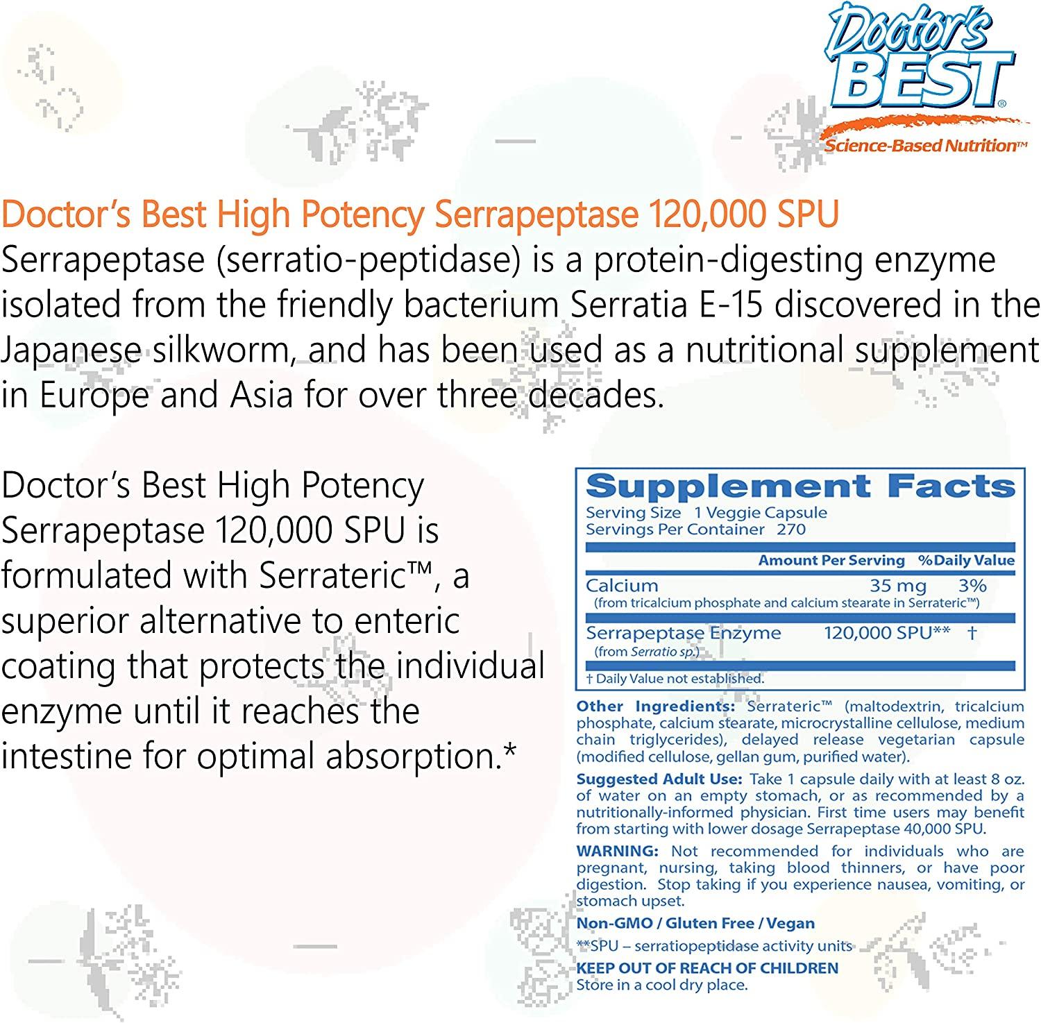 Doctor's Best High Potency Serrapeptase 120000 SPU 270 Veggie ...