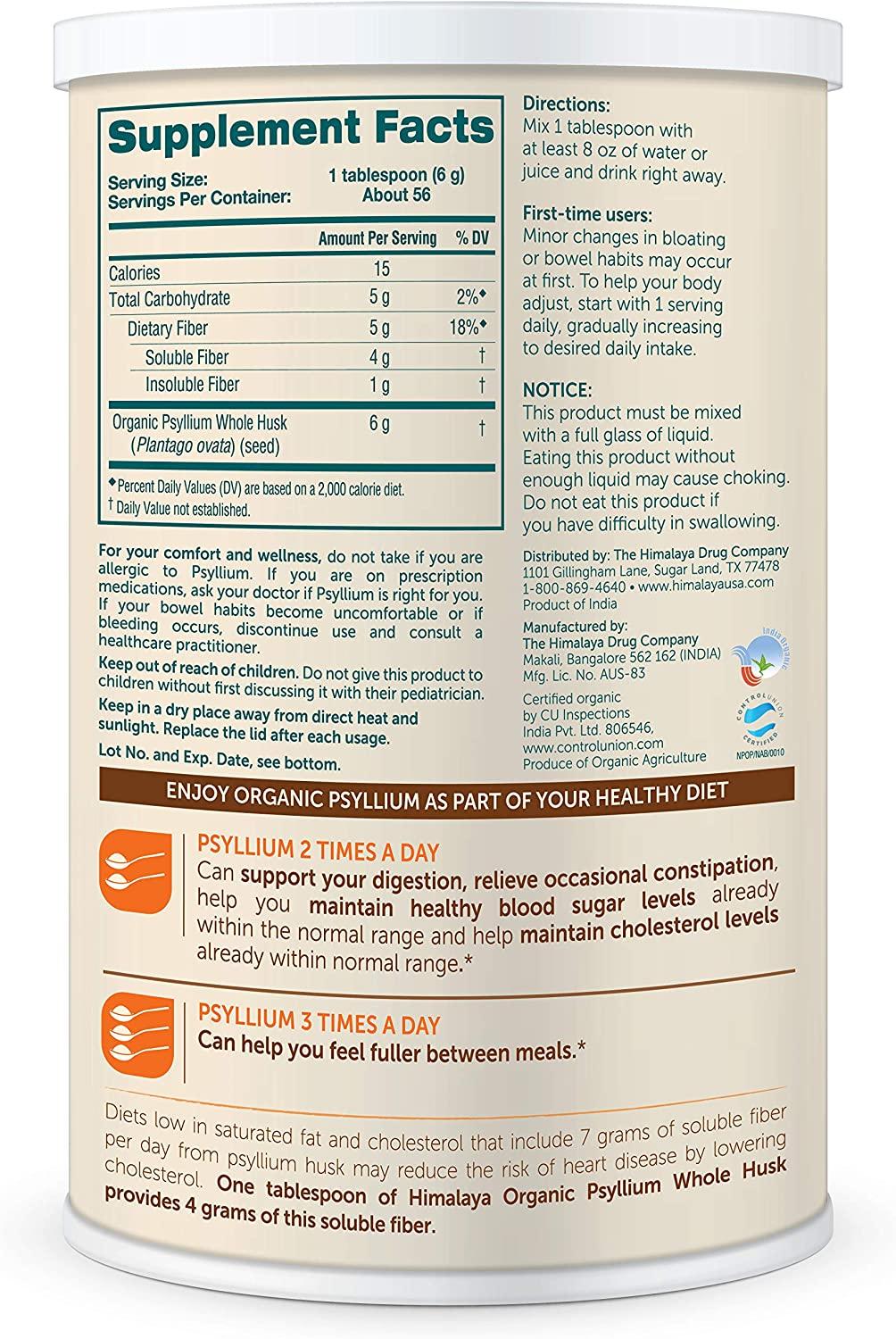 Himalaya Organic Psyllium Whole Husk 12 oz 56 Tablespoon Supply