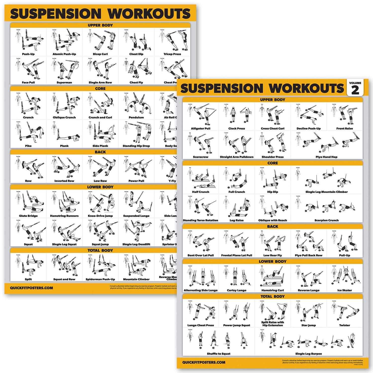 QuickFit 2 Pack Suspension Workout Posters Volume 1 & 2 Laminated Exercise Charts 18 x 27