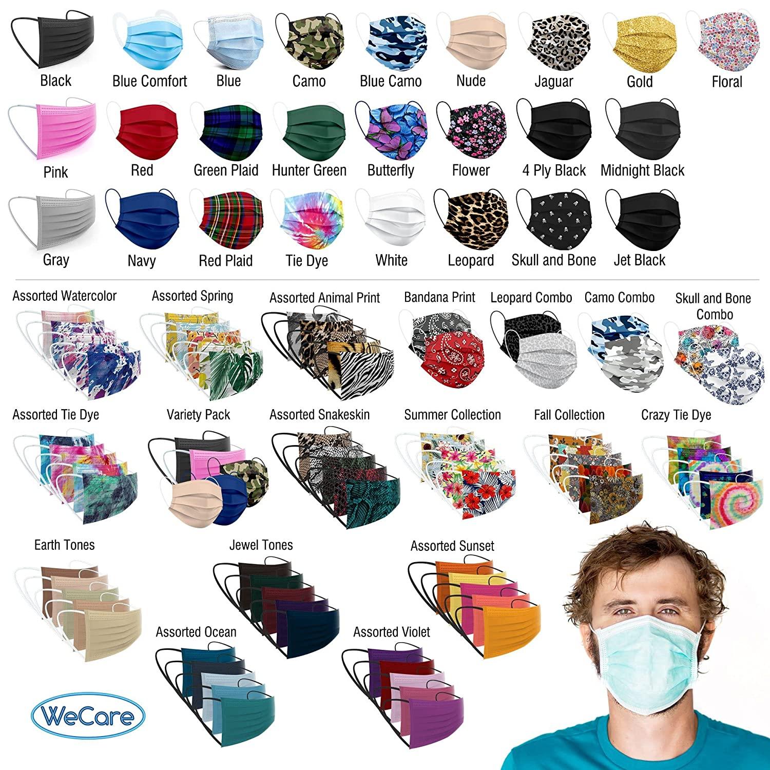 WeCare Disposable Face Mask Individually Wrapped 50 Pack, Assorted